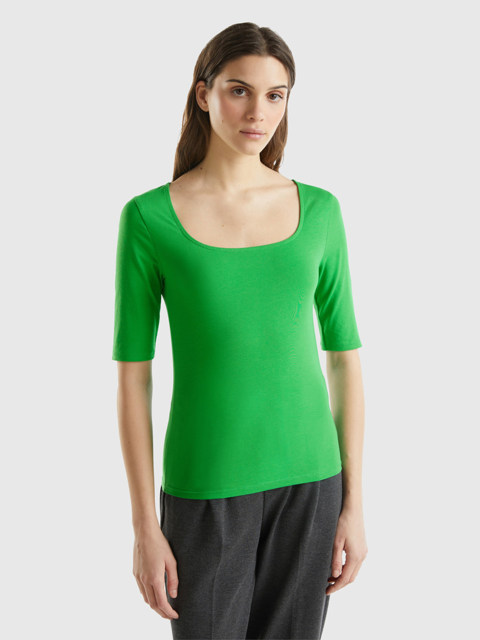 Benetton, Fitted Stretch Cotton T-shirt, Green, Women
