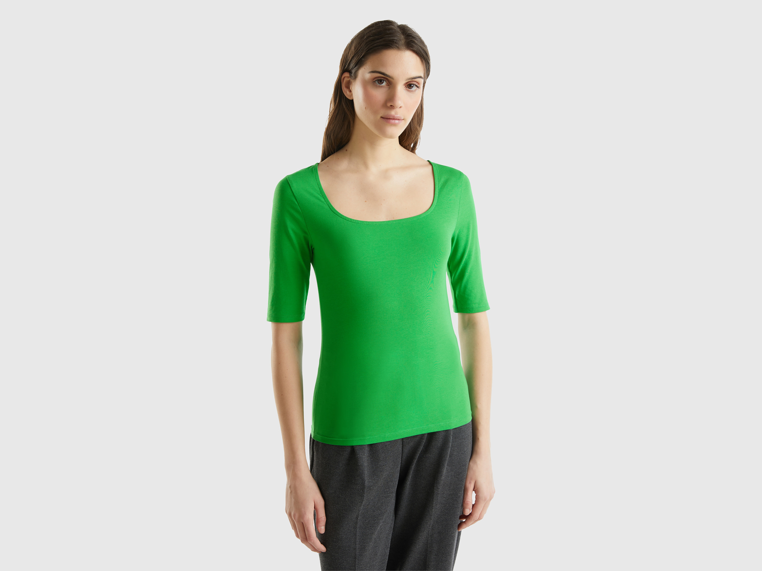 Benetton, T-shirt Aderente In Cotone Stretch, Verde, Donna