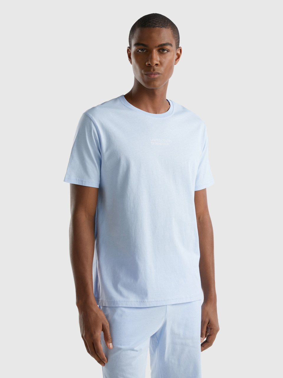 Benetton, T-shirt With Logo Print, Sky Blue, Men