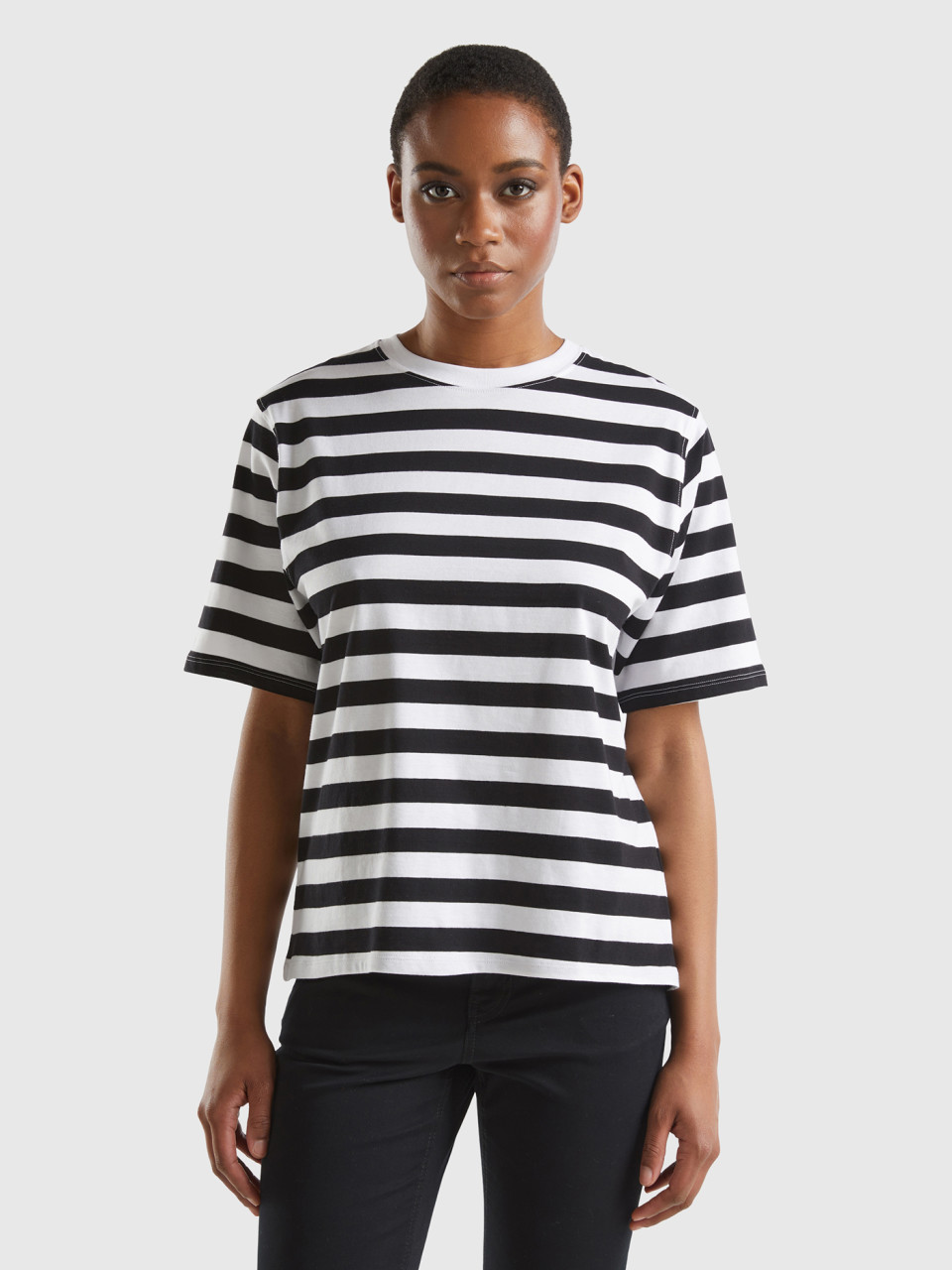 Benetton, Striped Comfort Fit T-shirt, Black, Women