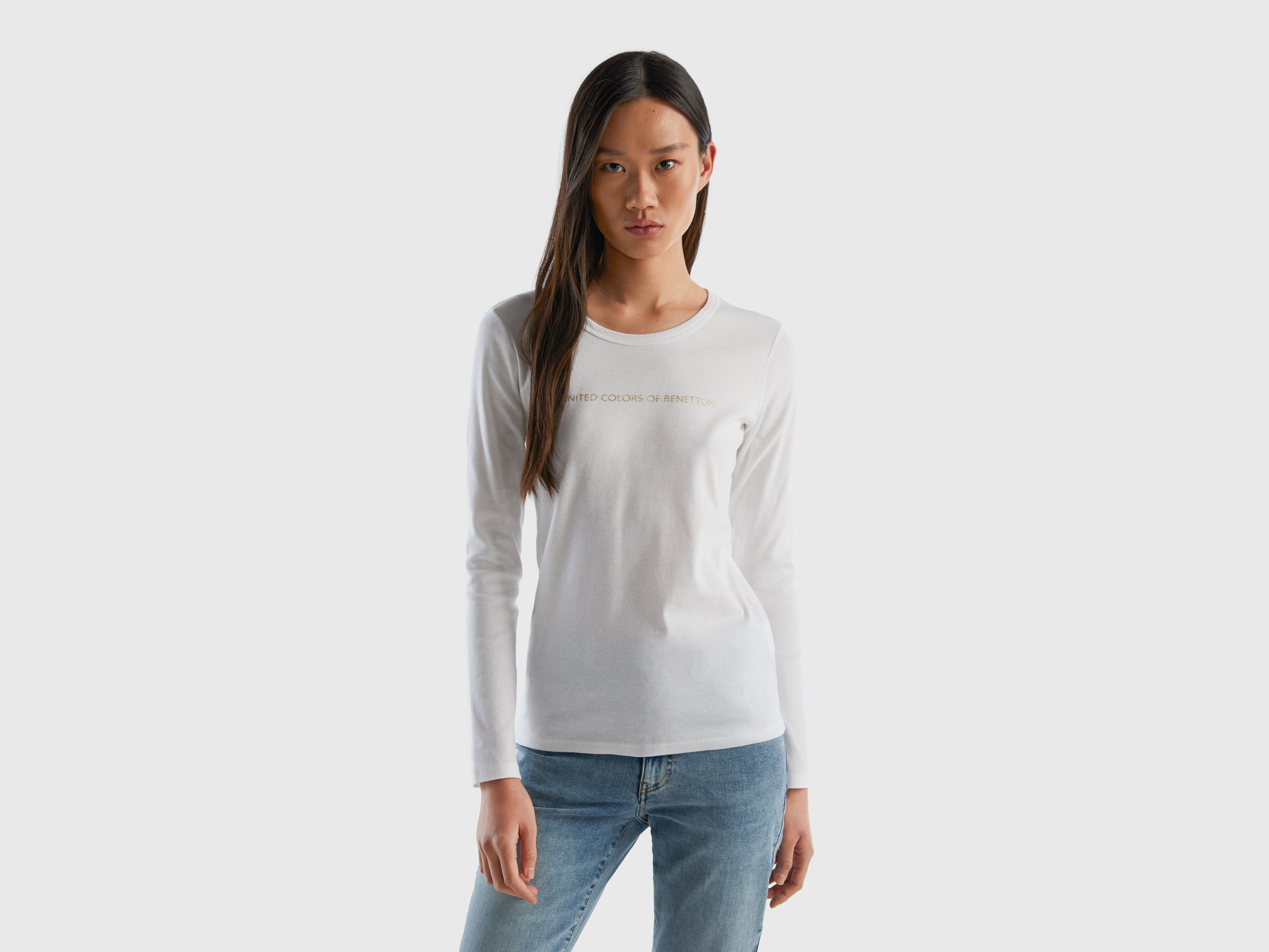 Benetton, Long Sleeve White T-shirt In 100% Cotton, size XL, White, Women
