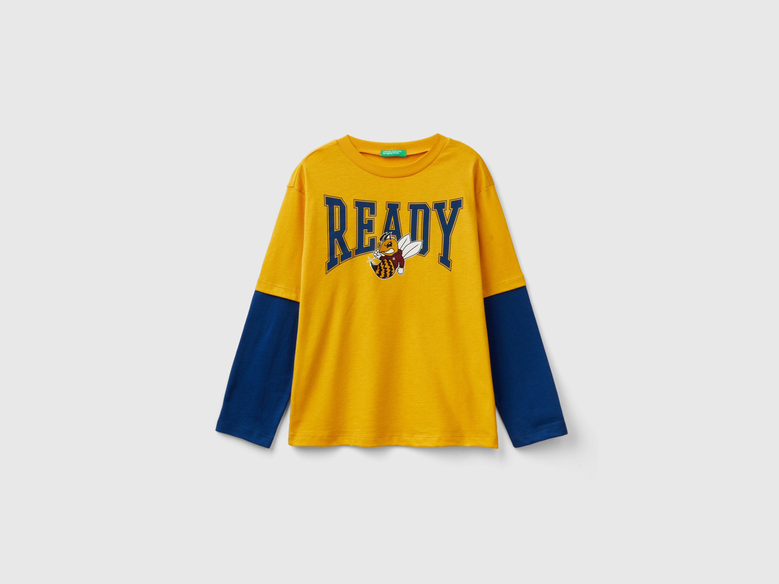 Benetton, Maglietta Con Doppia Manica In Cotone Bio, Senape, Bambini