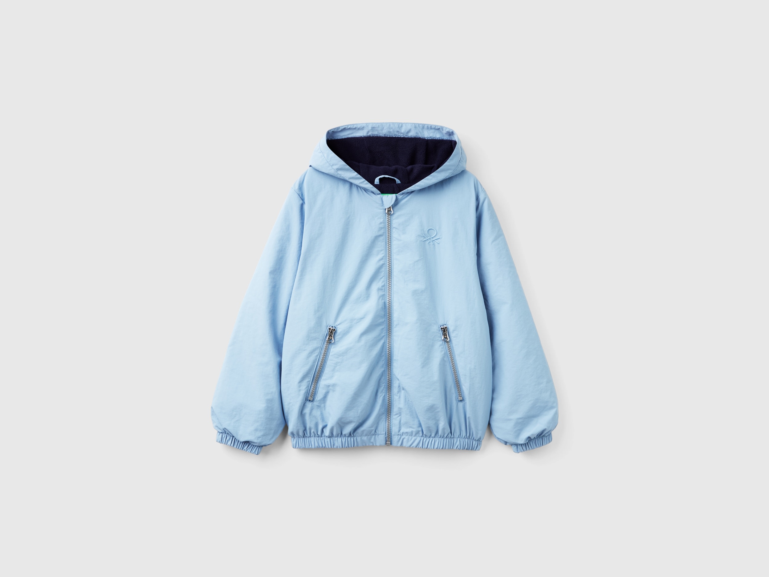 Benetton, Giubbino In Nylon Con Cappuccio, Azzurro, Bambini