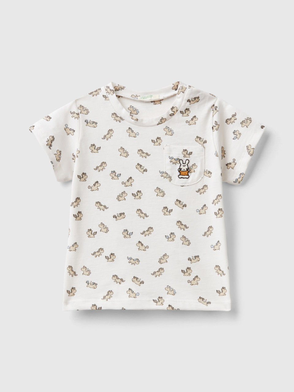 Benetton, T-shirt With Unicorn Print, Creamy White, Kids