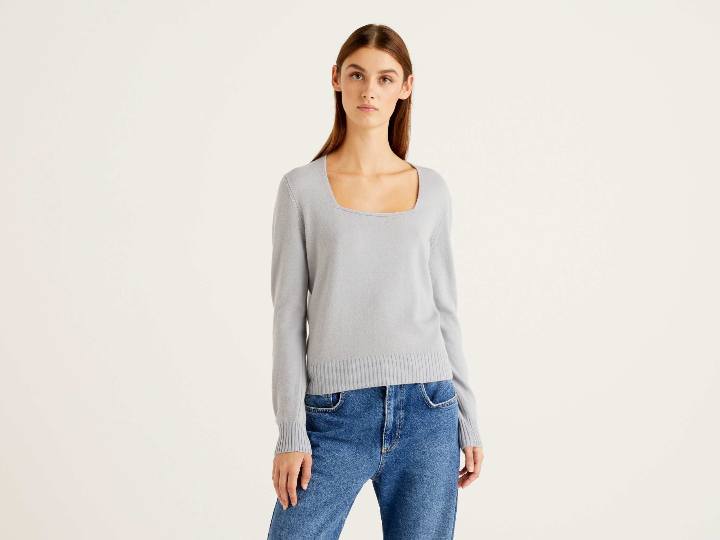 Benetton, Maglioncino Con Scollo Quadrato, Grigio Chiaro, Donna Benetton, Maglioncino Con Scollo Quadrato, Grigio Chiaro, Donna