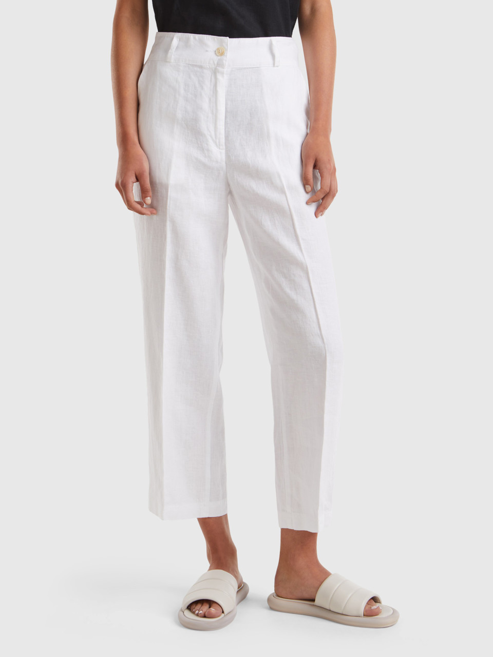 Benetton, Straight Trousers In Pure Linen, White, Women