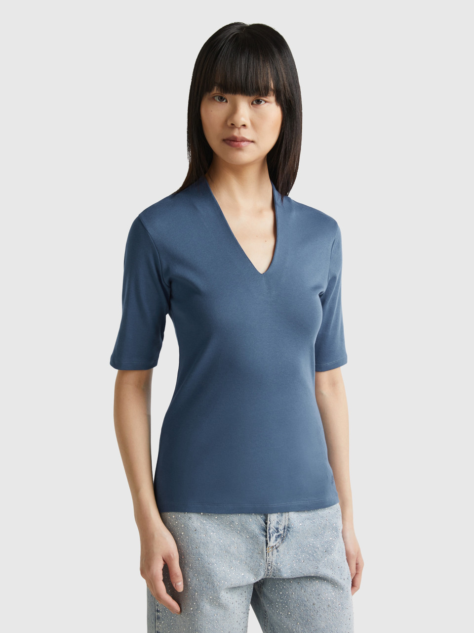 Benetton, T-shirt Ajusté En Coton À Fibre Longue, Bleu Horizon, Femme