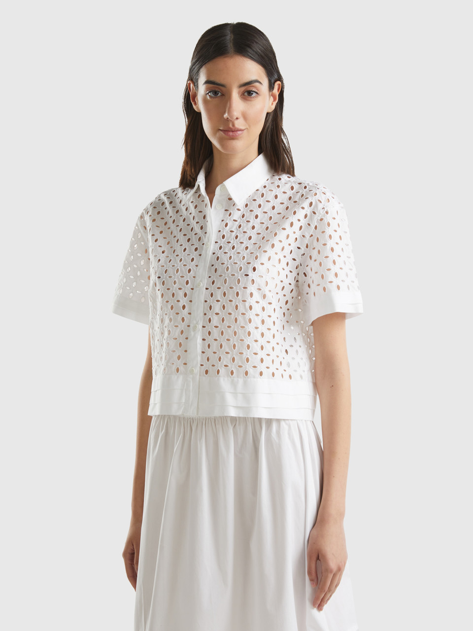 Benetton, Short Sleeve Shirt In Broderie Anglaise, White, Women