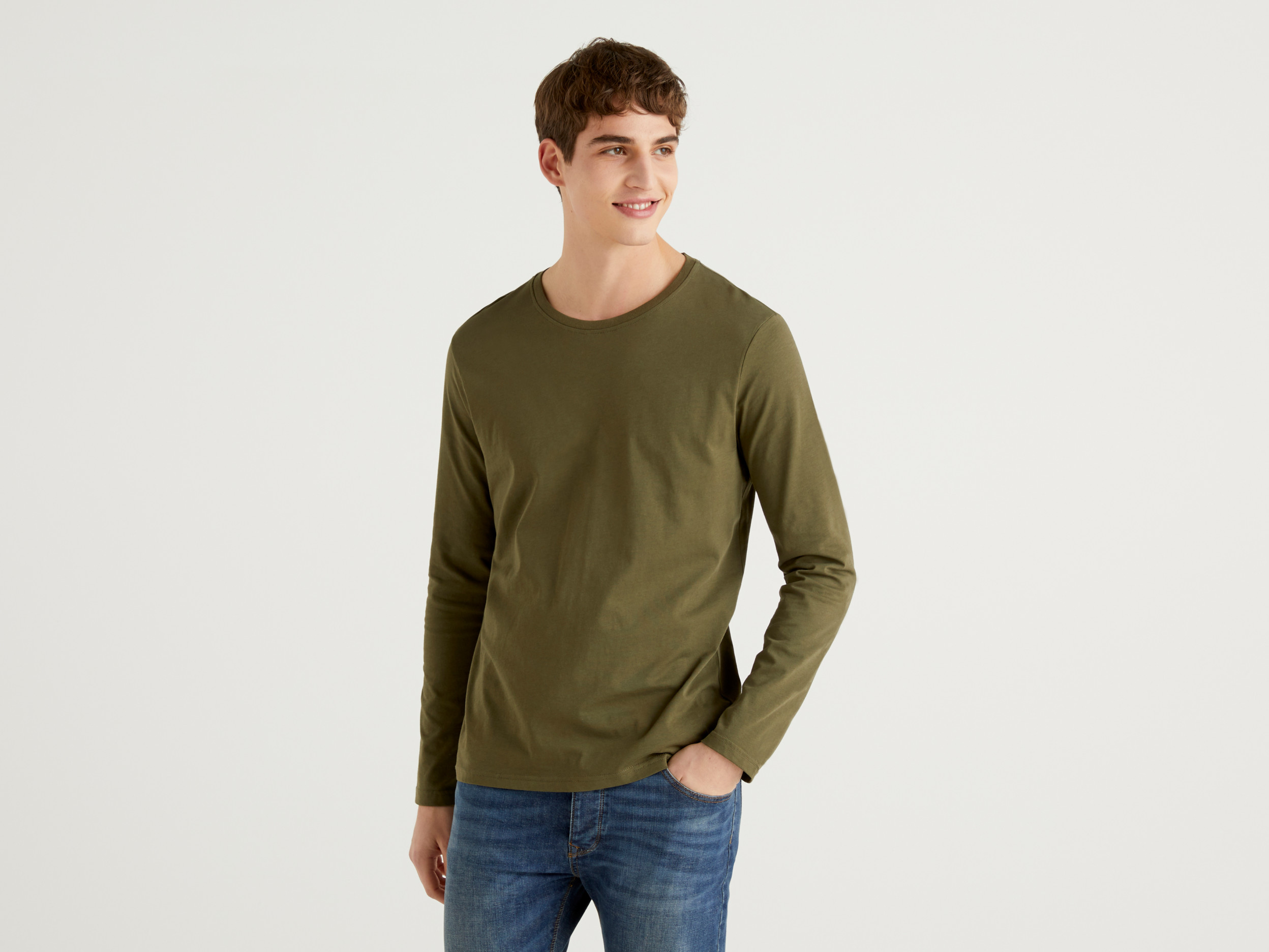 Benetton, T shirt A Manica Lunga In Puro Cotone, Verde Militare, Uomo