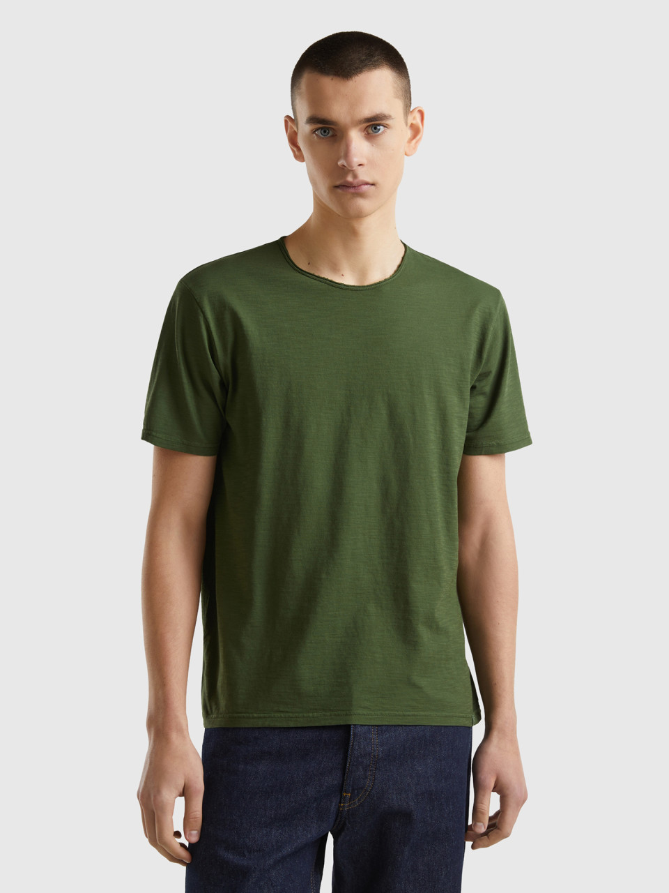 Benetton, Camiseta Verde Aceituna De Algodón Flameado, , Hombre