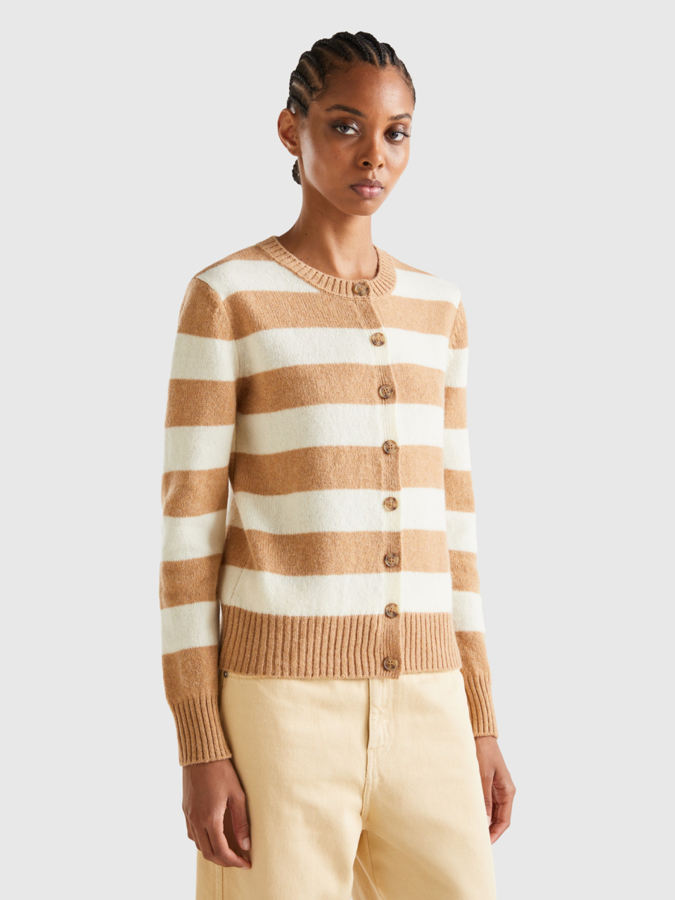 Benetton, Striped Cardigan In Pure Shetland Wool, Multi-color, Women