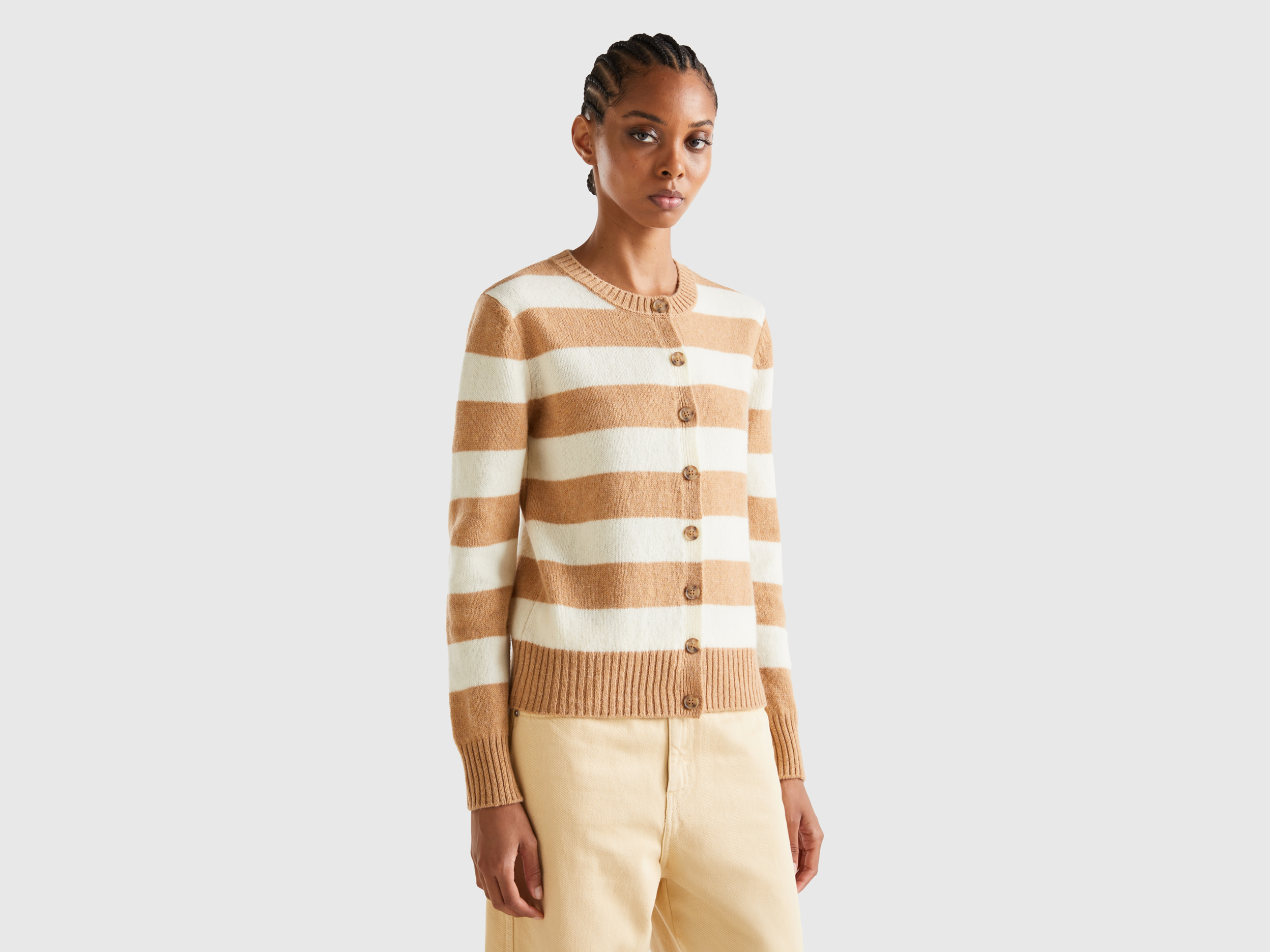 Benetton, Striped Cardigan In Pure Shetland Wool, size L, Multi-color, Women