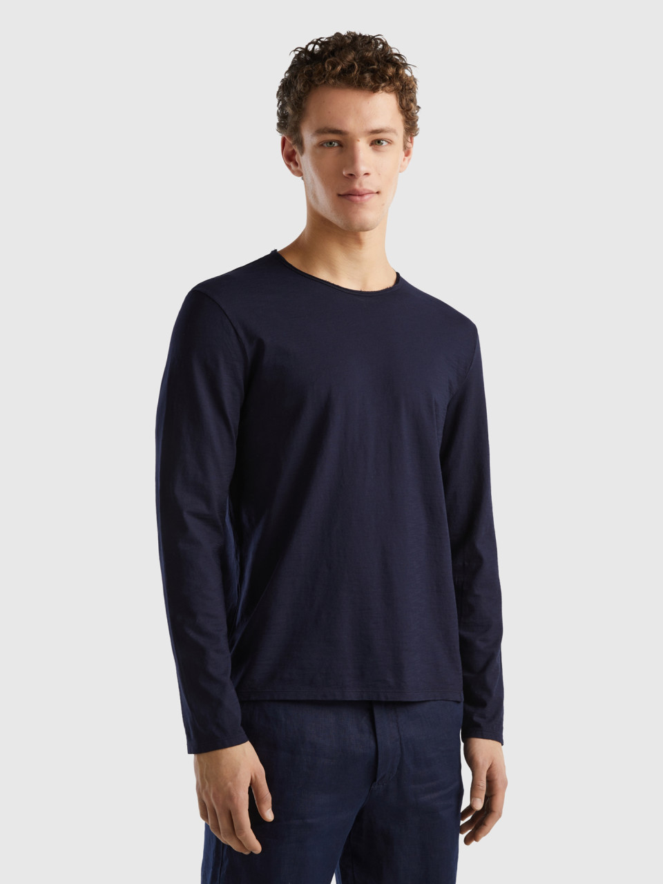 Benetton, T-shirt A Manica Lunga In 100% Cotone, Blu Scuro, Uomo