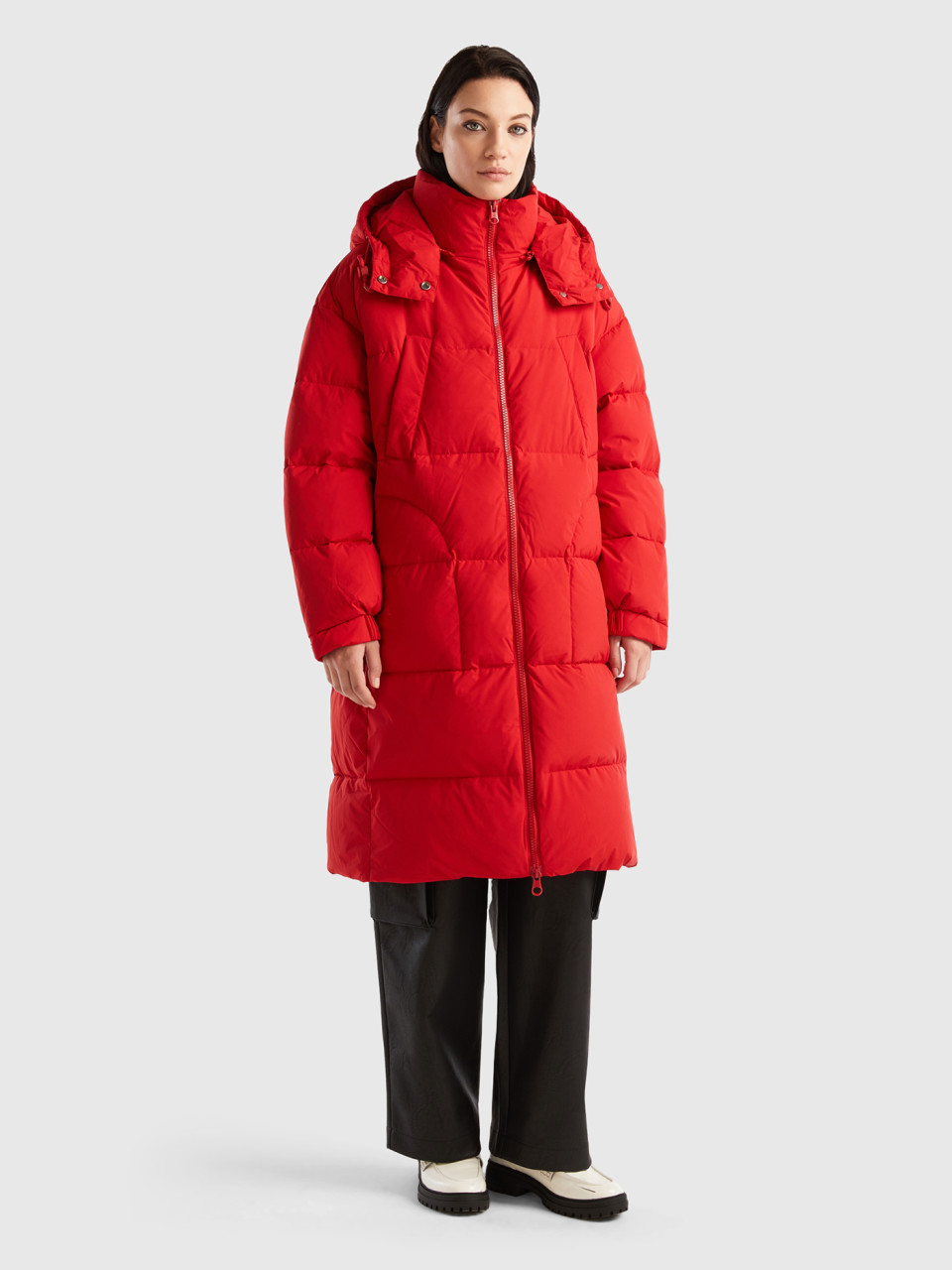 Benetton, Long Padded Jacket With Removable Hood, Red, Women