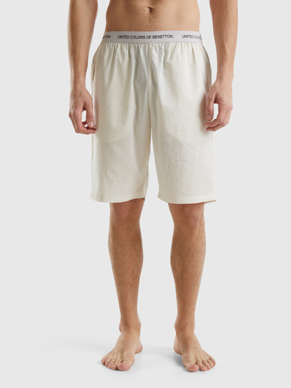 Benetton, Striped 100% Cotton Shorts, Creamy White, Men
