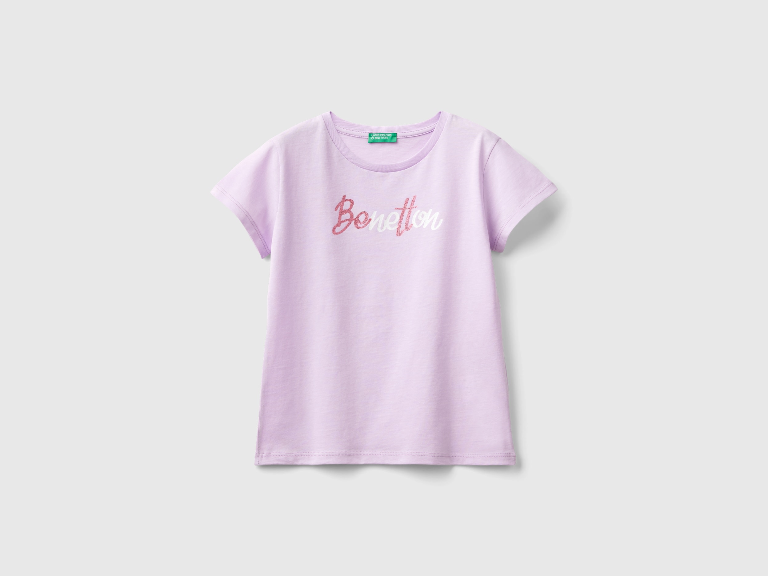 Benetton, T-shirt Con Logo Glitter In Cotone Bio, Lilla, Bambini