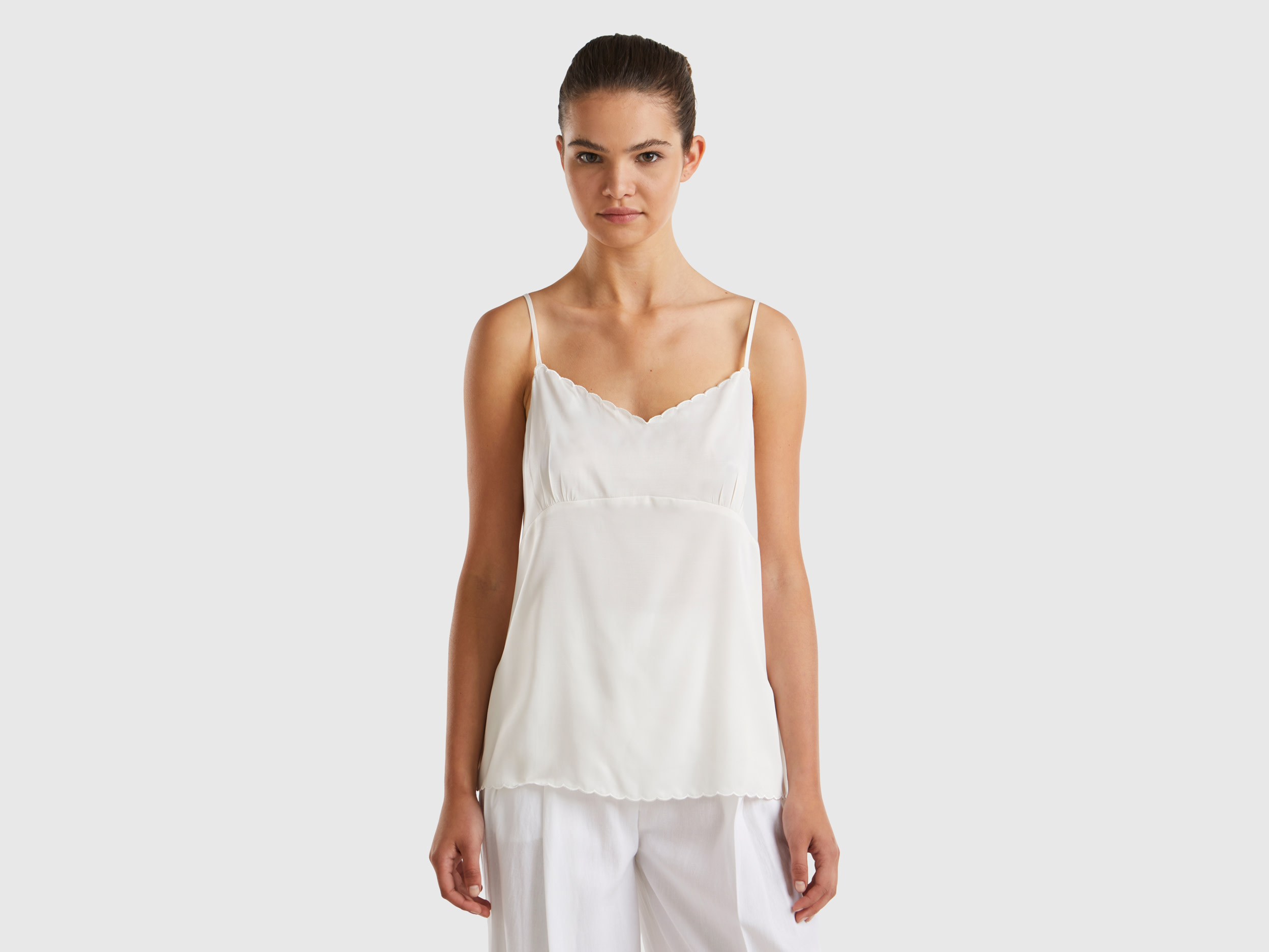 Benetton, Blusa In Misto Viscosa, Bianco Panna, Donna