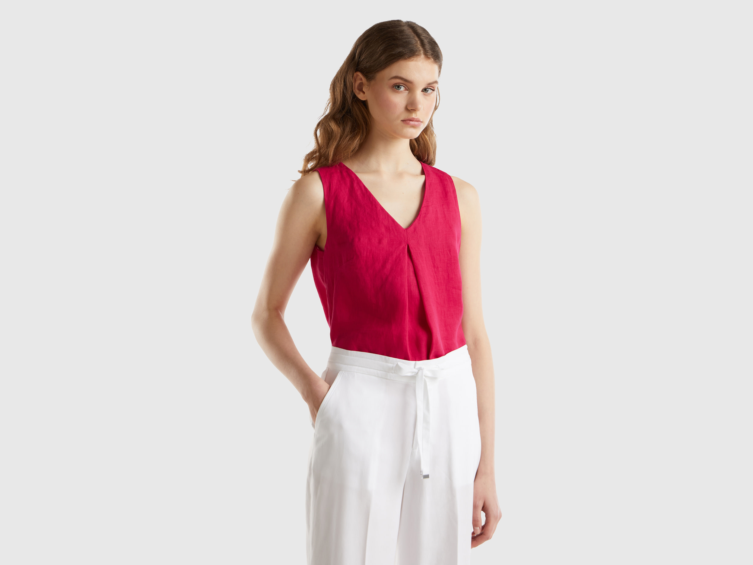 Benetton, Blusa Smanicata In Puro Lino, Ciclamino, Donna