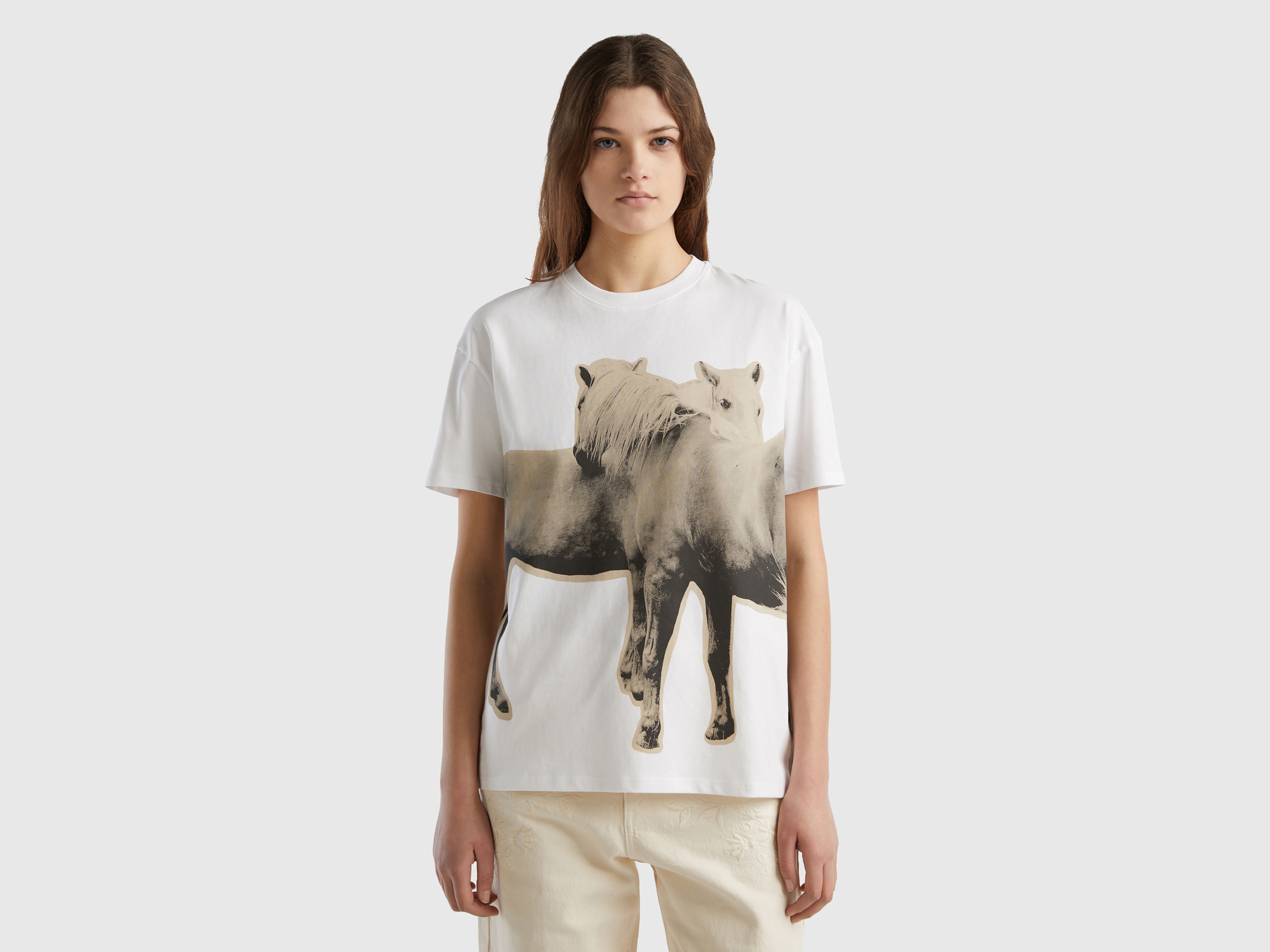 Benetton, Warm T-shirt With Horse Print, size S, White, Women