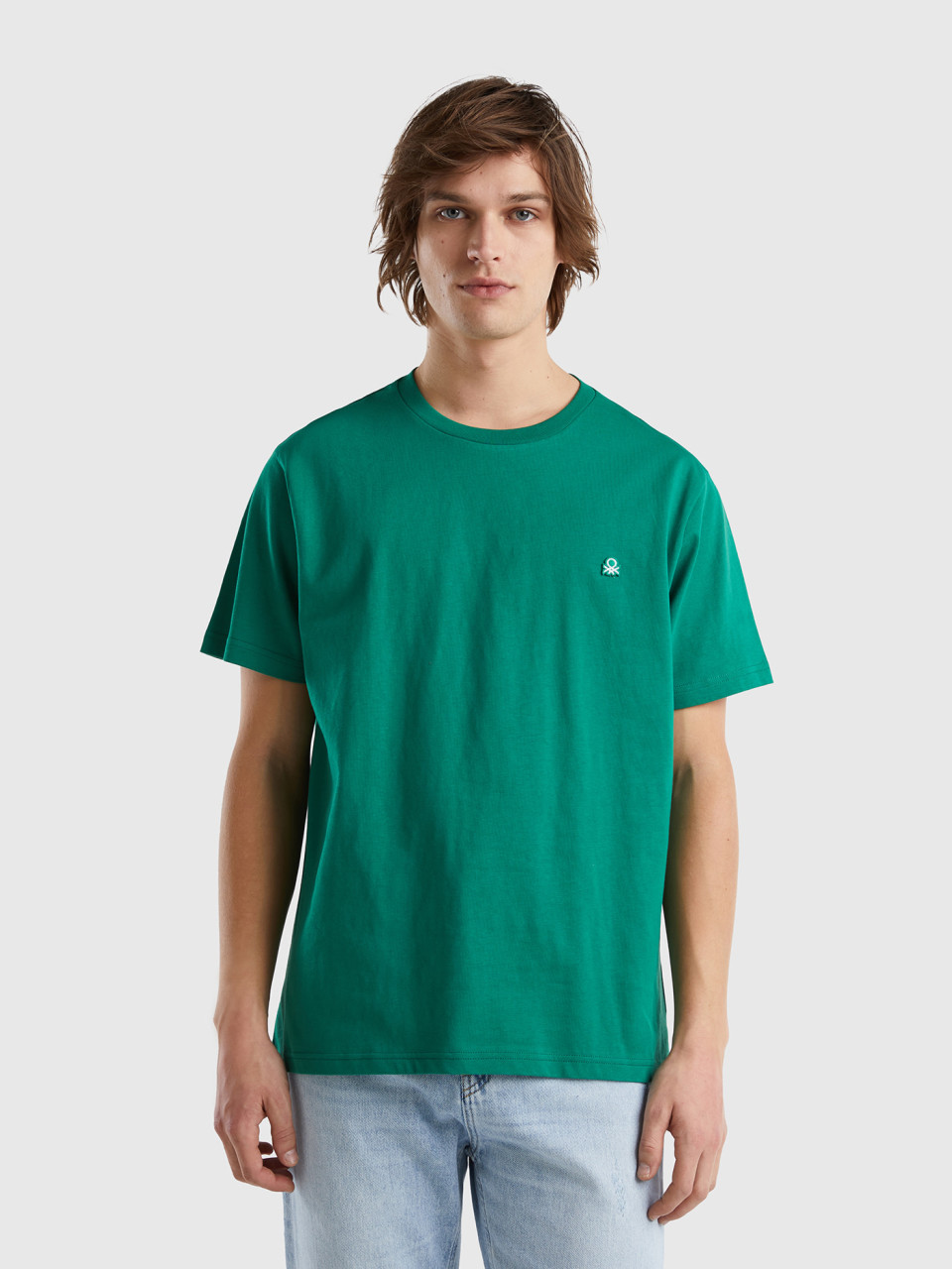 Benetton, T-shirt Basique En 100 % Coton Bio, Vert Foncé, Homme
