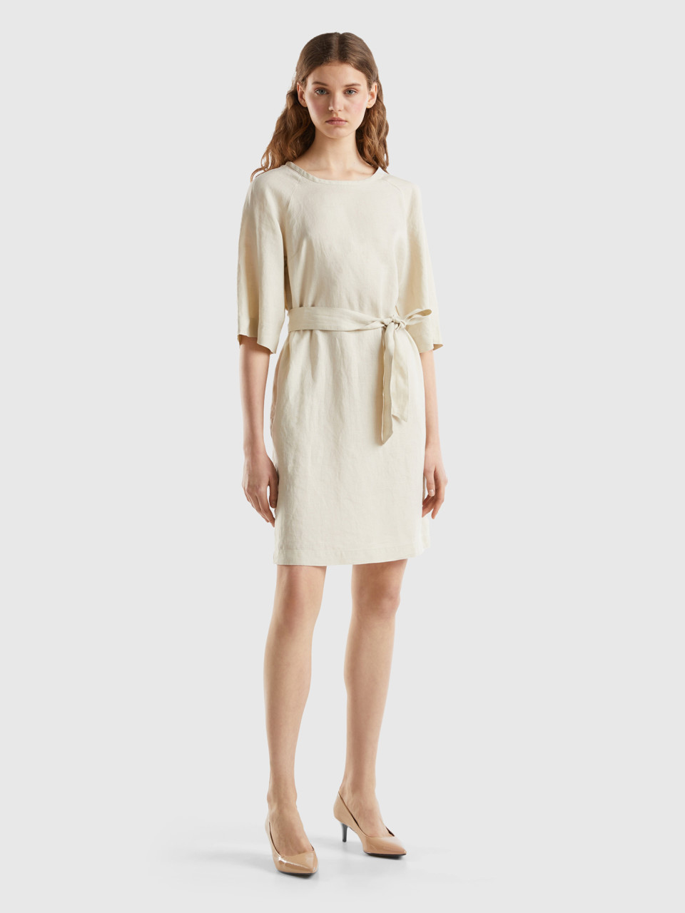 Benetton, Short Dress In Pure Linen, Beige, Women