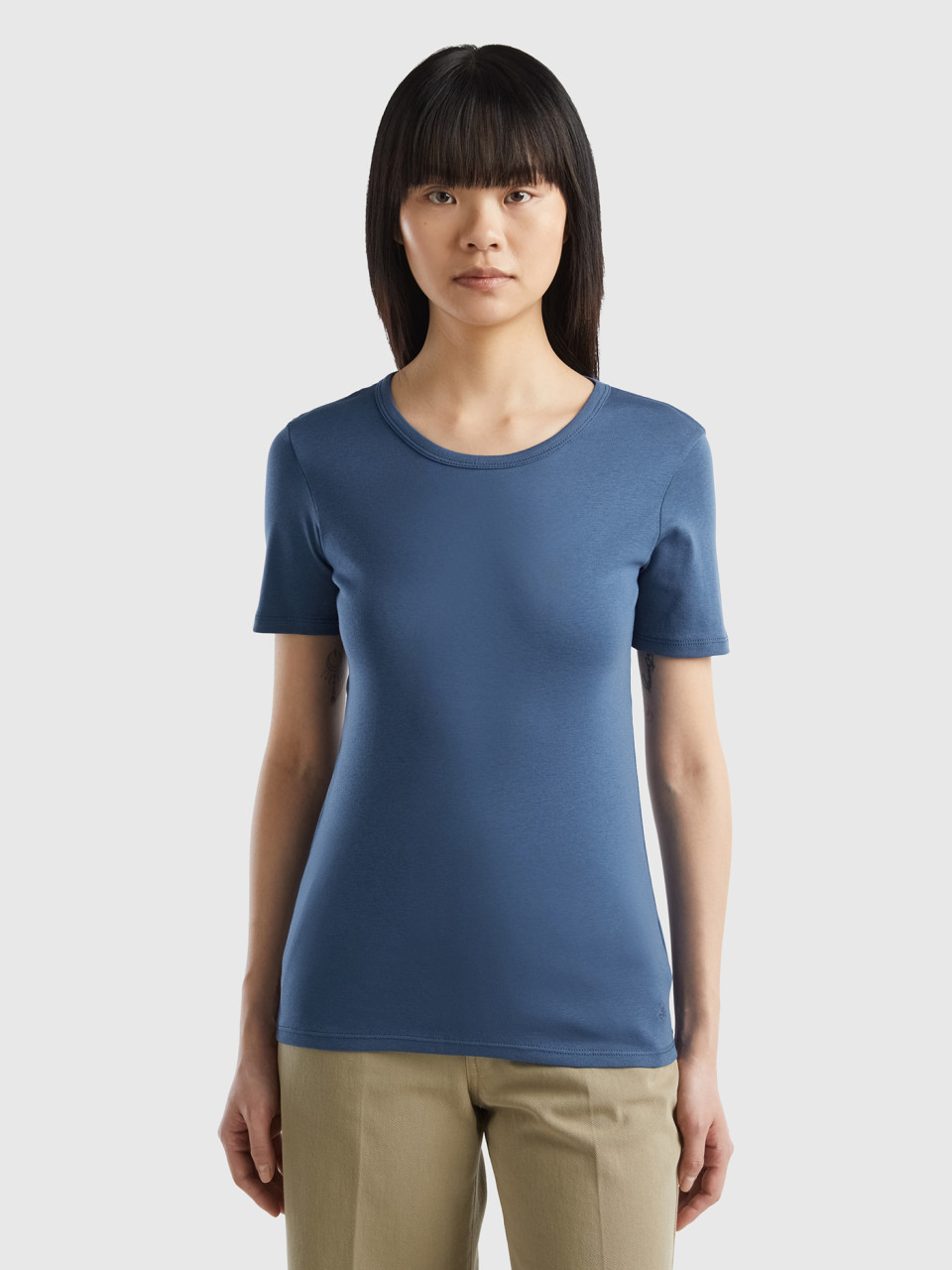 Benetton, T-shirt En Coton Longues Fibres, Bleu Horizon, Femme