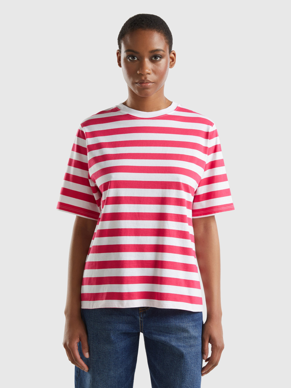 Benetton, Striped Comfort Fit T-shirt, Fuchsia, Women