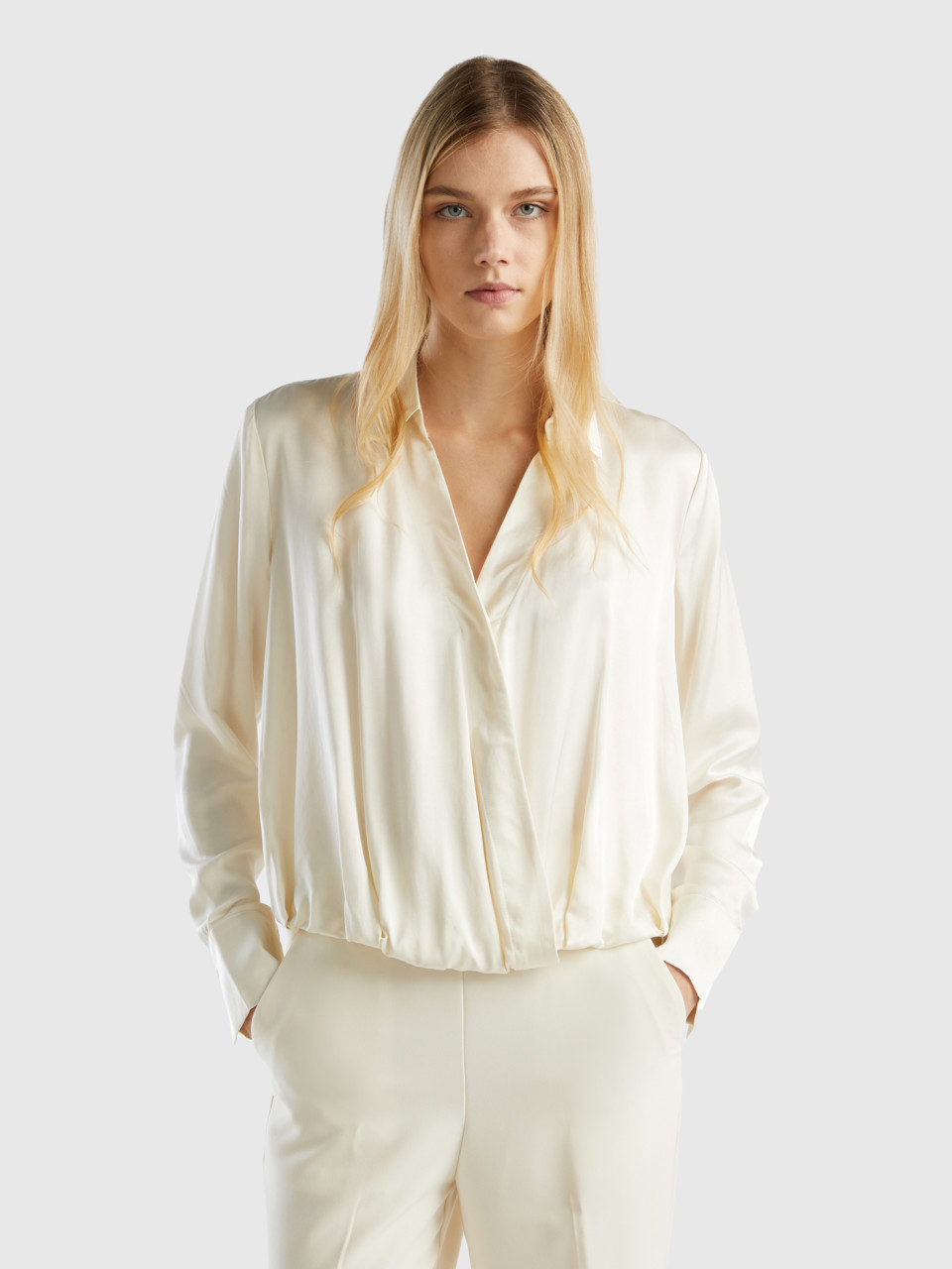 Benetton, Blouse In Viscose And Modal® Blend, Creamy White, Women