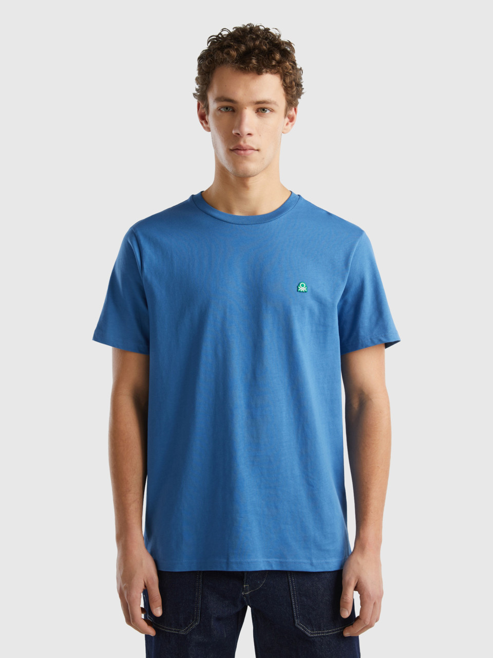 Benetton, Camiseta Básica De 100 % Algodón Orgánico, Azul, Hombre