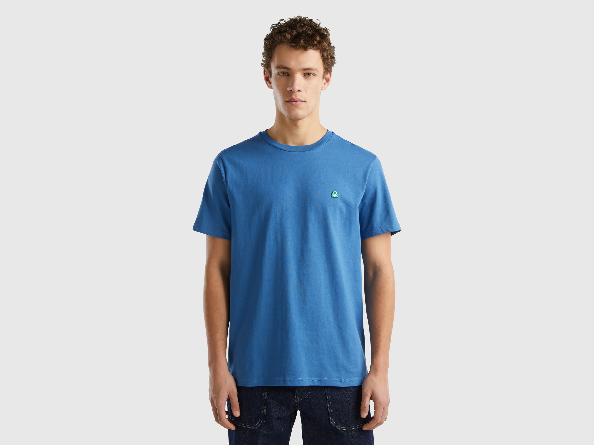 Image of Benetton, 100% Organic Cotton Basic T-shirt, size L, Blue, Men