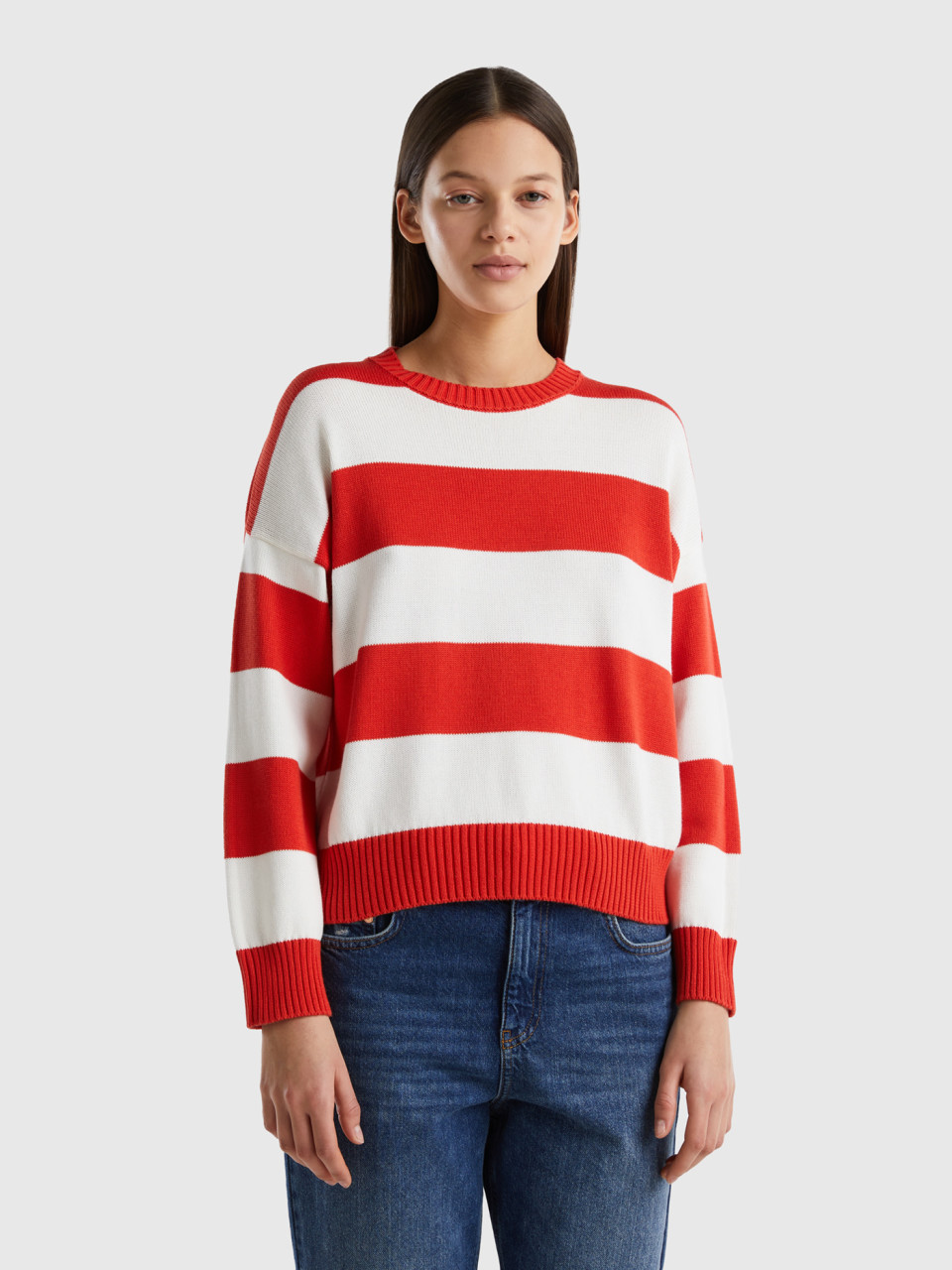Benetton, Striped Sweater In Tricot Cotton, Red, Women