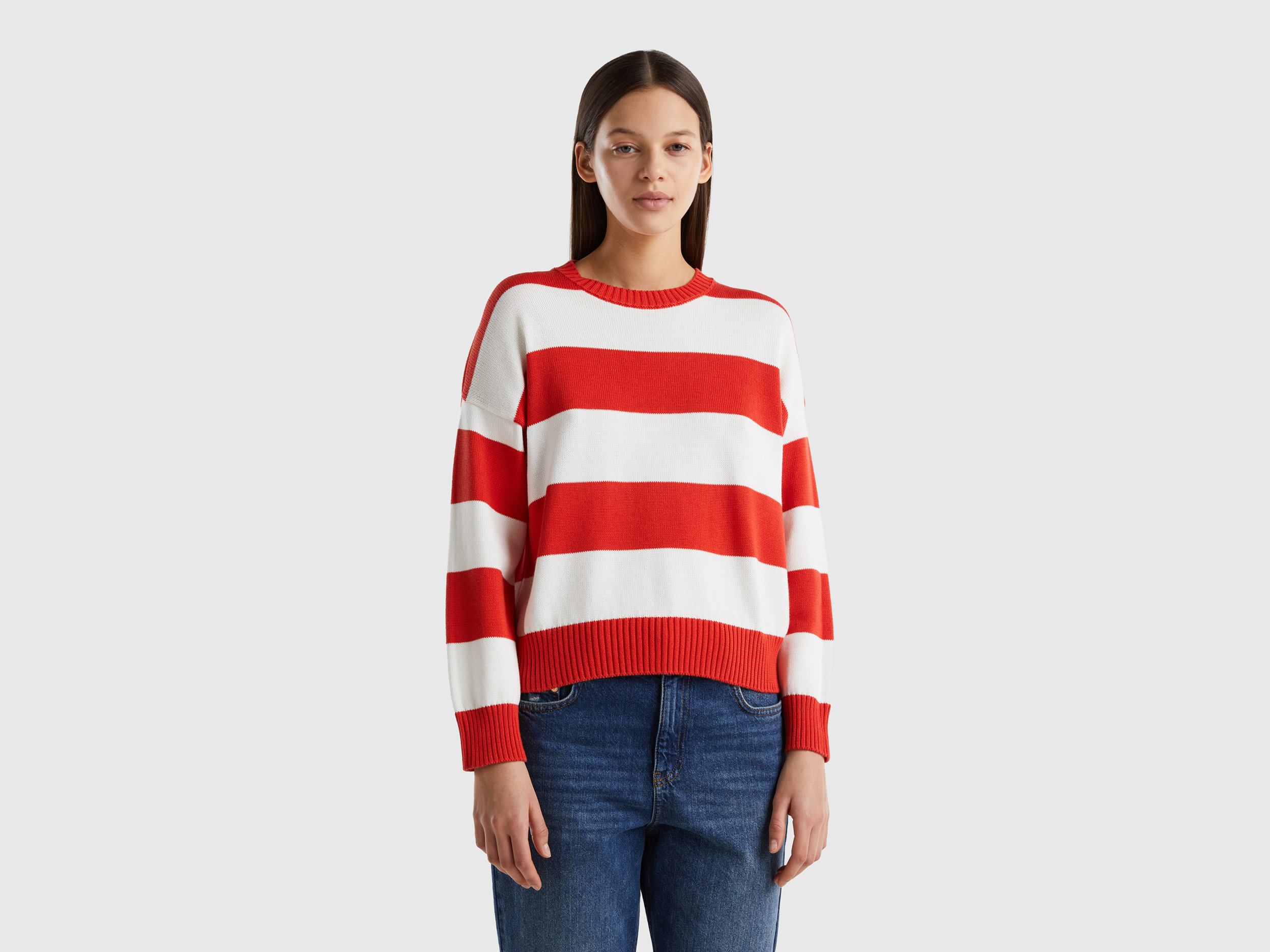 Benetton, Striped Sweater In Tricot Cotton, size XL, Red, Women