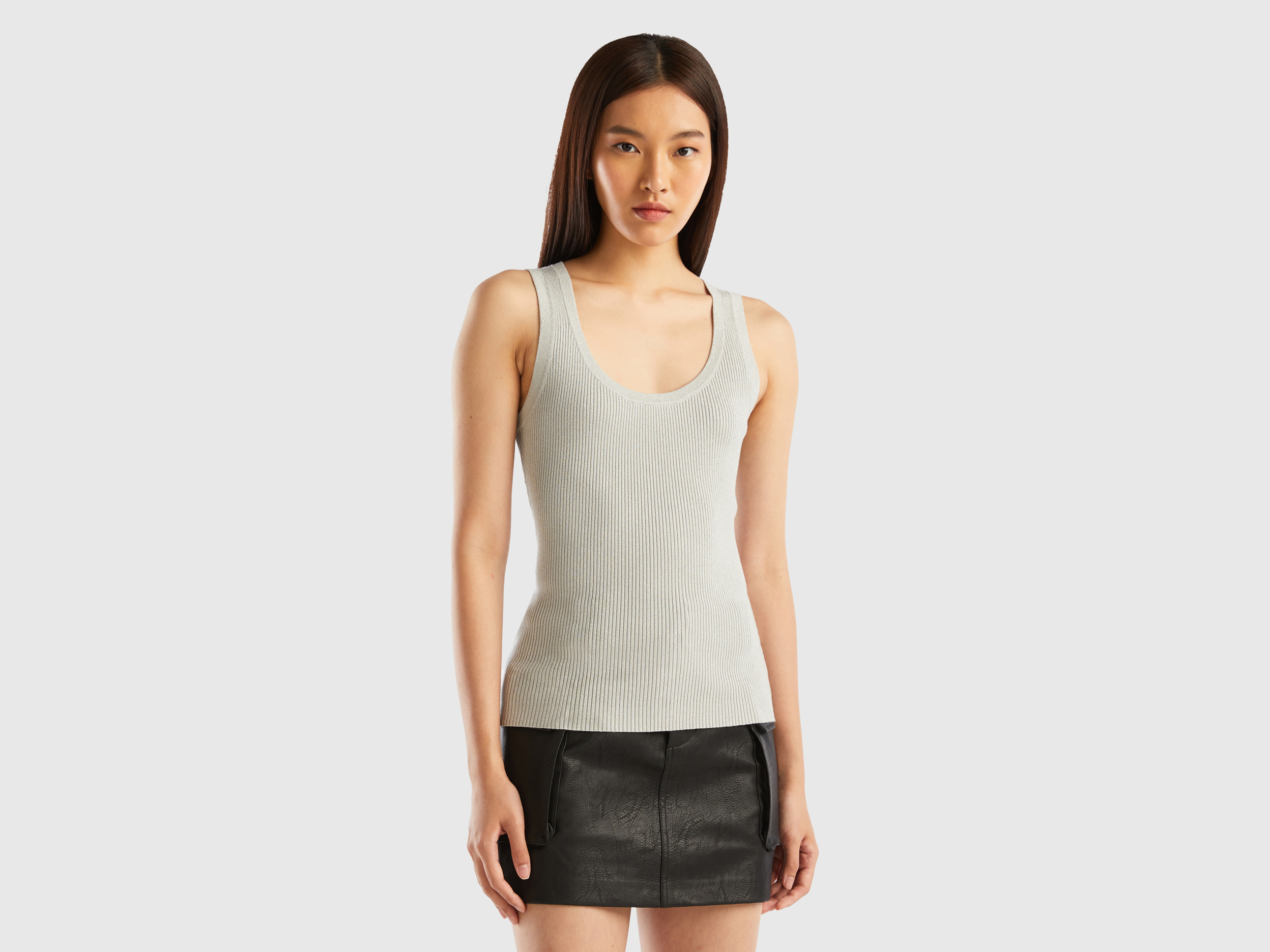 Benetton, Ribbed Tank Top With Lurex, size M, Light Gray, Women