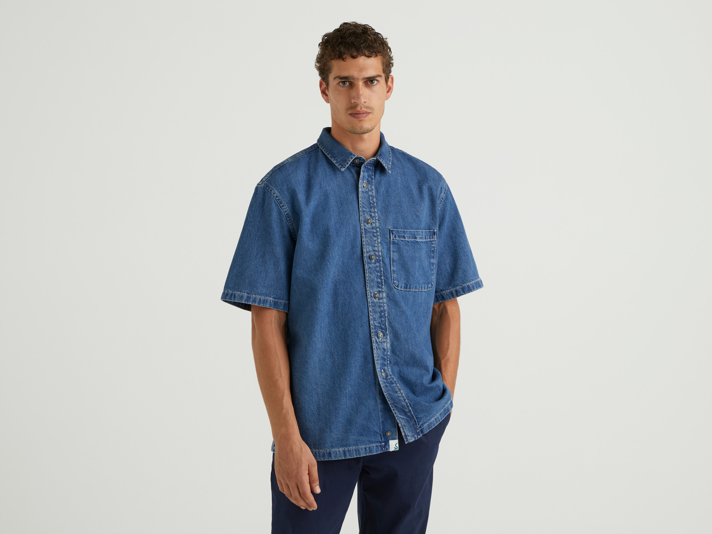Benetton, Camicia Di Jeans A Manica Corta, Blu, Uomo