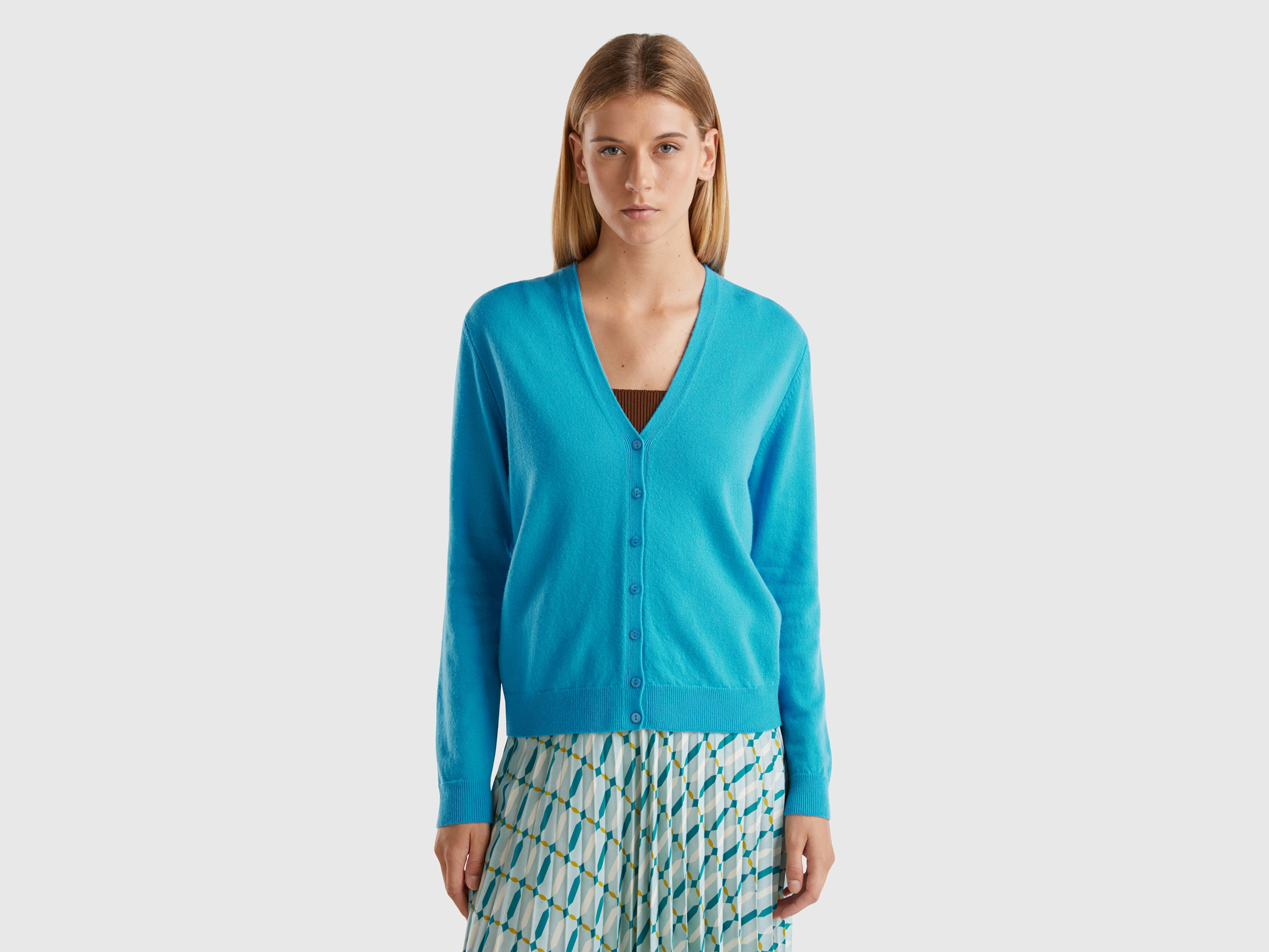 Benetton, Cardigan Scollo A V Azzurro In Pura Lana Merino, Azzurro, Donna