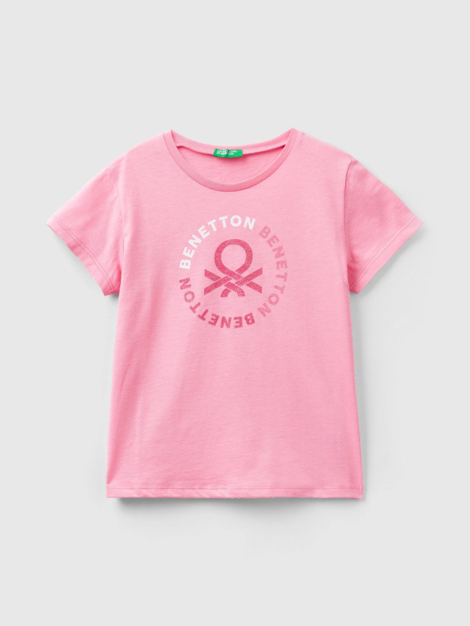 Benetton, T-shirt With Glittery Logo In Organic Cotton, Pink, Kids