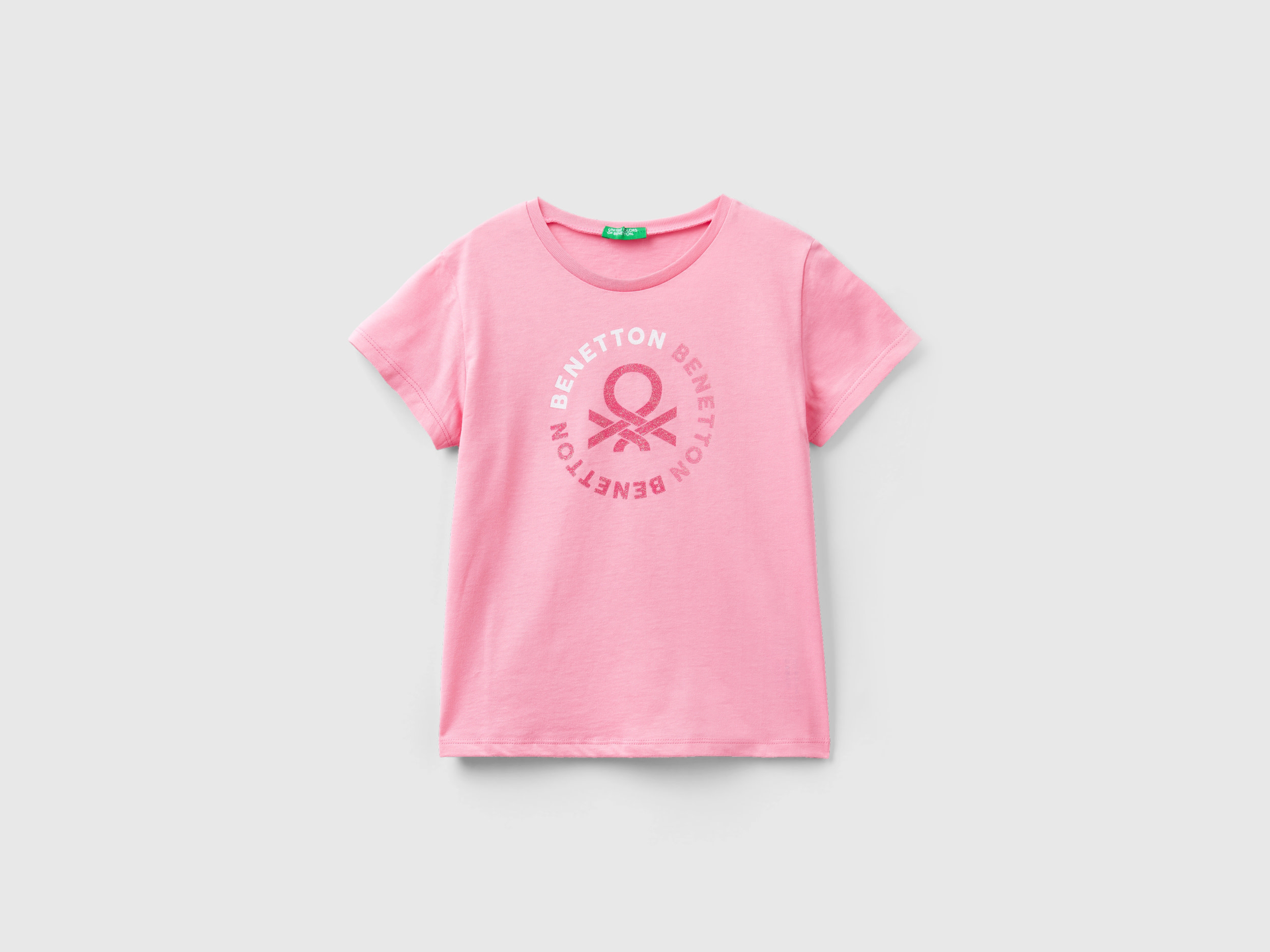 Benetton, T-shirt With Glittery Logo In Organic Cotton, size 2XL, Pink, Kids