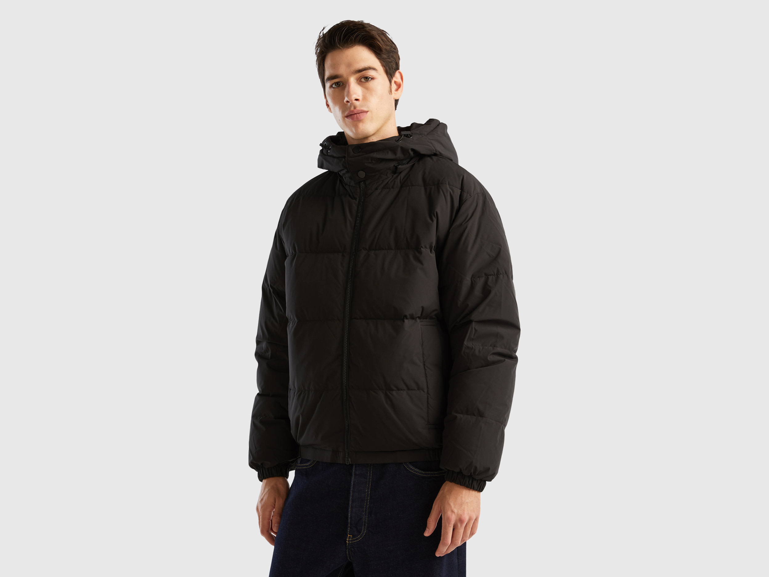 Benetton, Padded Jacket With Removable Hood, size L, Black, Men