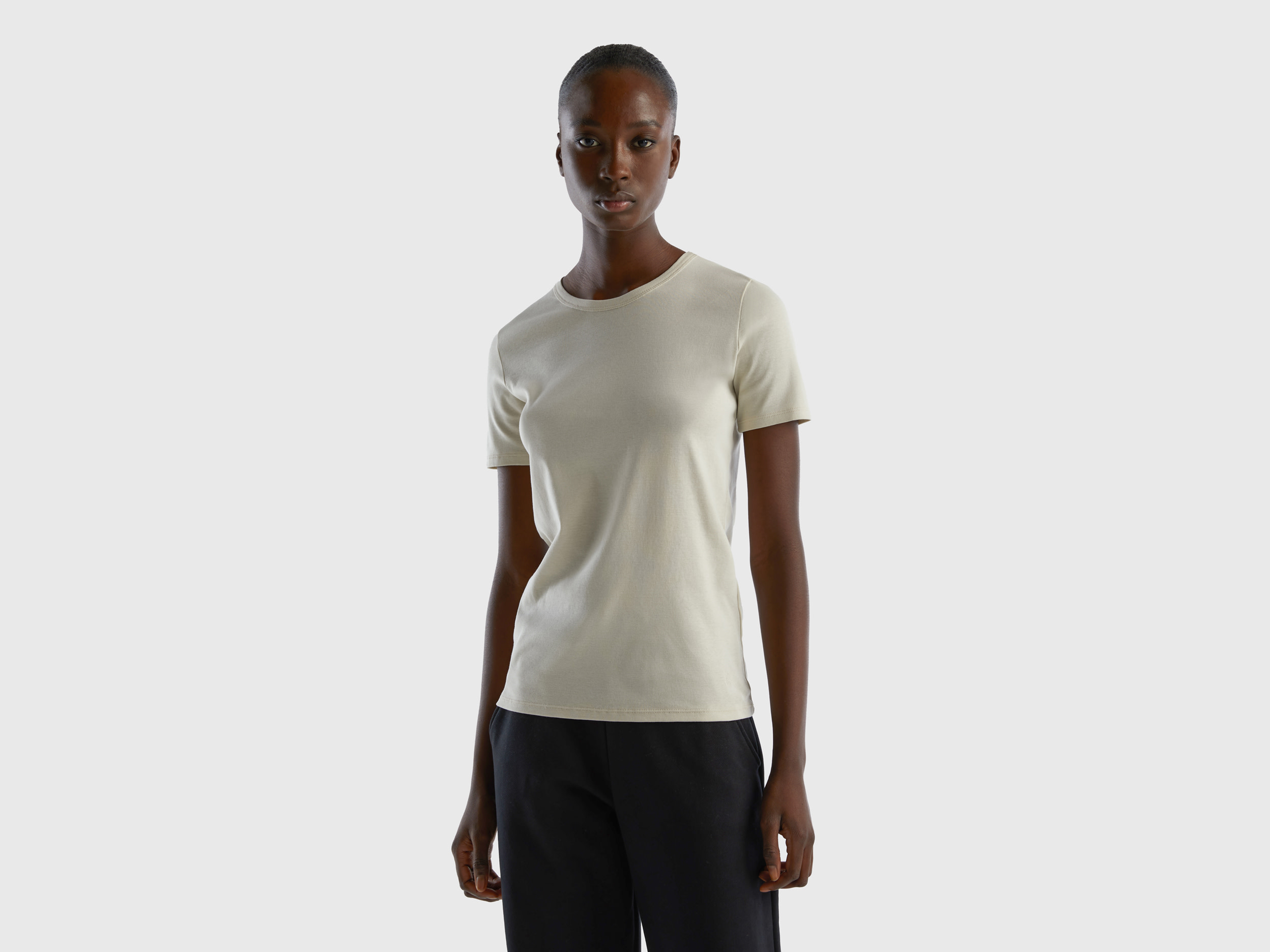 Benetton, Long Fiber Cotton T-shirt, size L, Beige, Women
