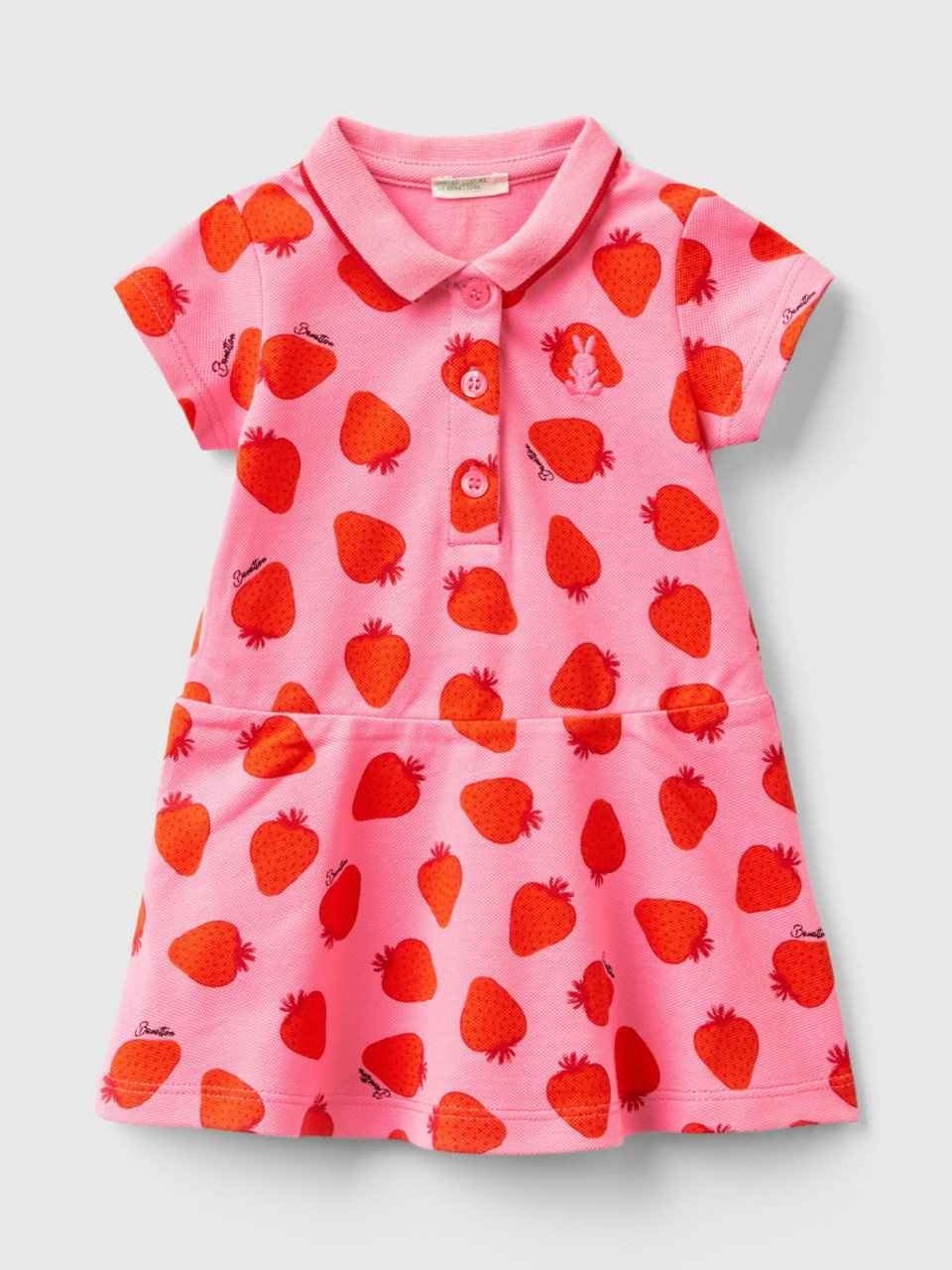 Benetton, Polo Style Dress With Strawberry Pattern, Pink, Kids