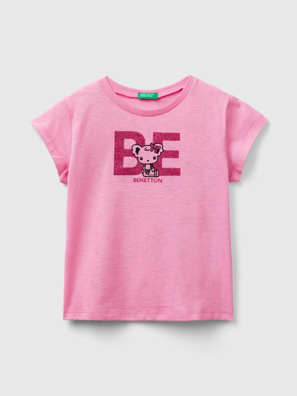 Benetton, T-shirt With Print In Organic Cotton, Pink, Kids
