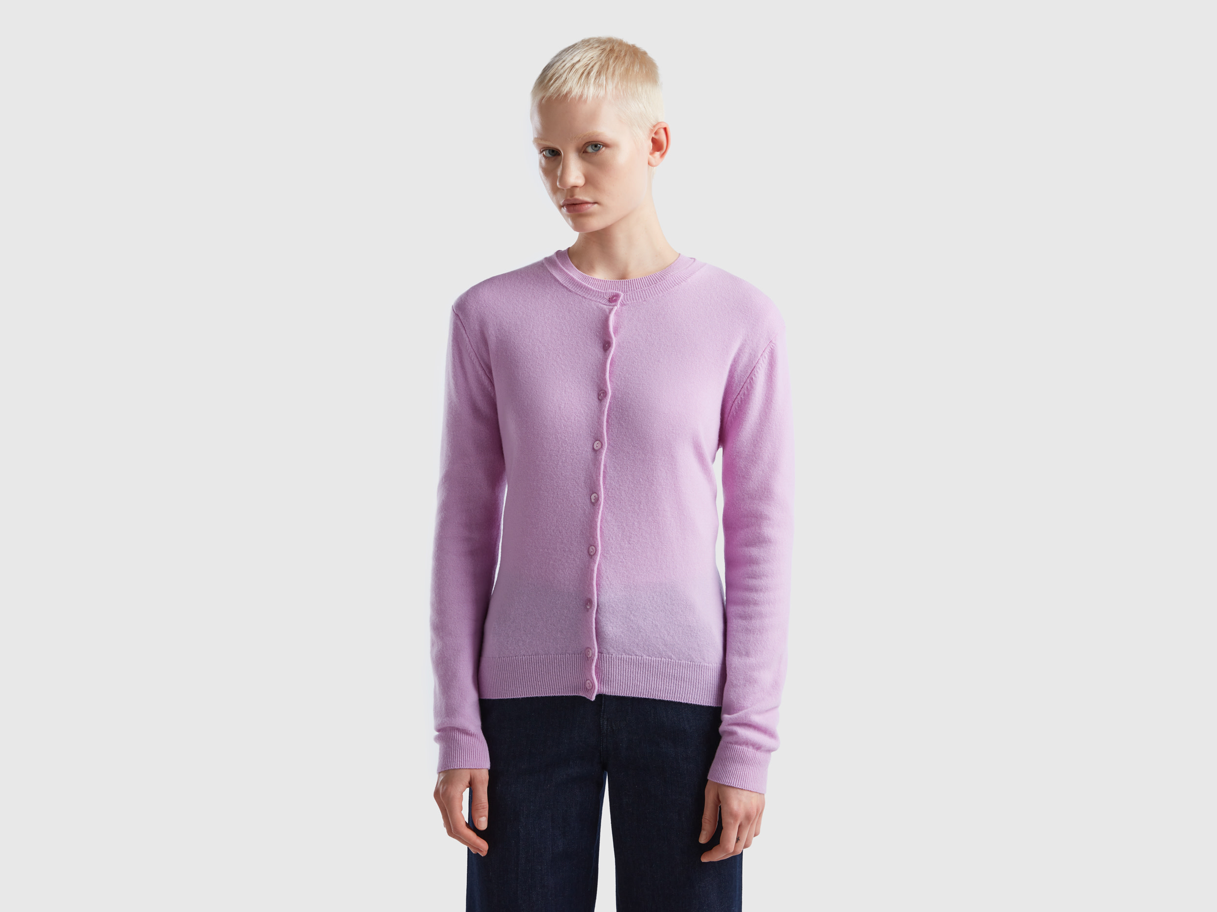 benetton, lilac crew neck cardigan in pure merino wool, size xl, lilac, women