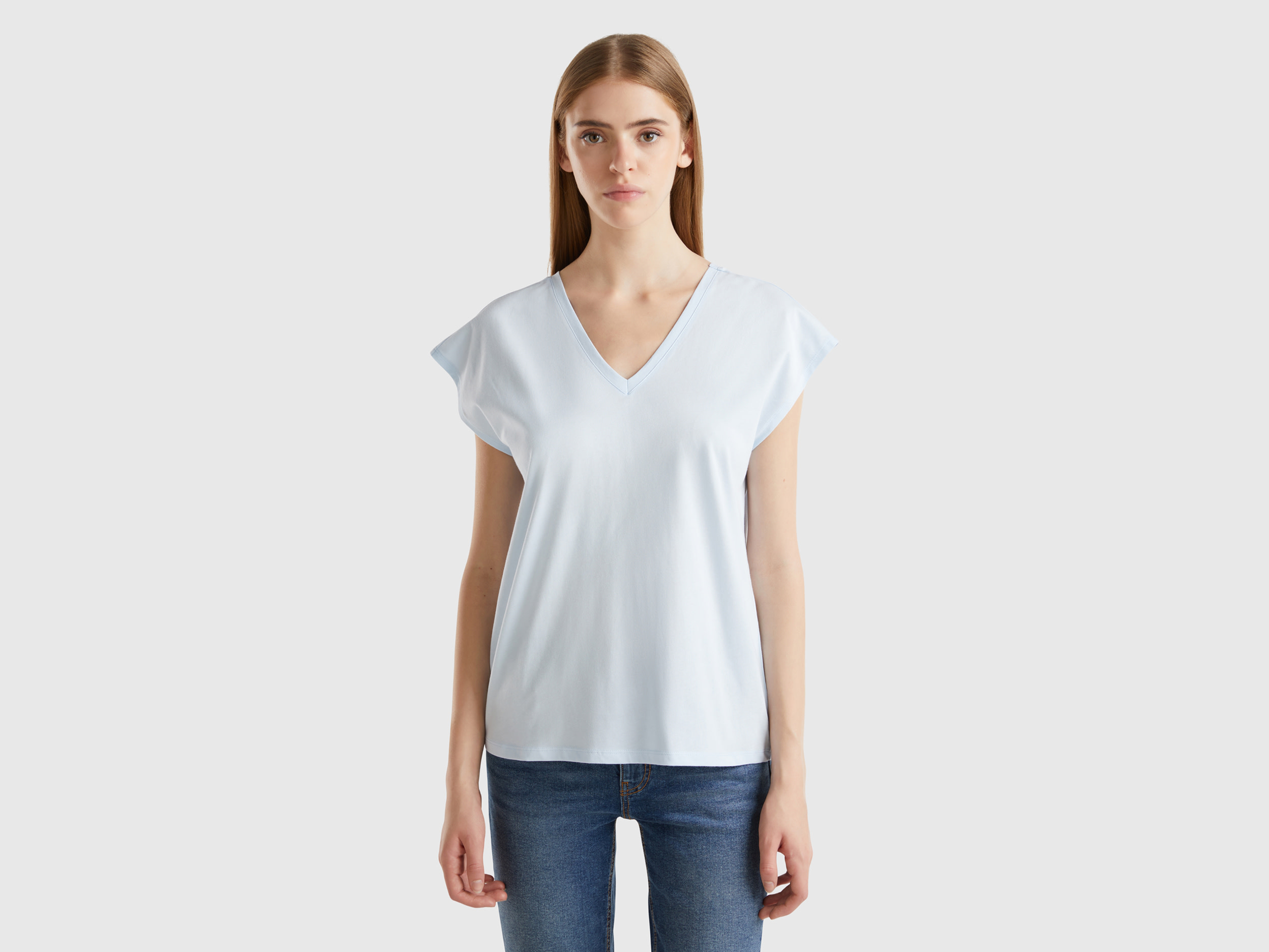 Benetton, Maglietta Con Manica Kimono, Celeste, Donna