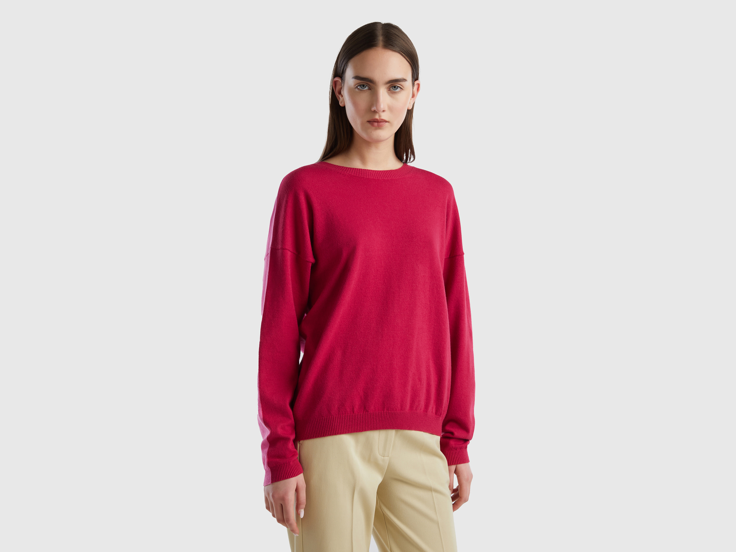 Benetton, Maglia In Misto Viscosa, Ciclamino, Donna