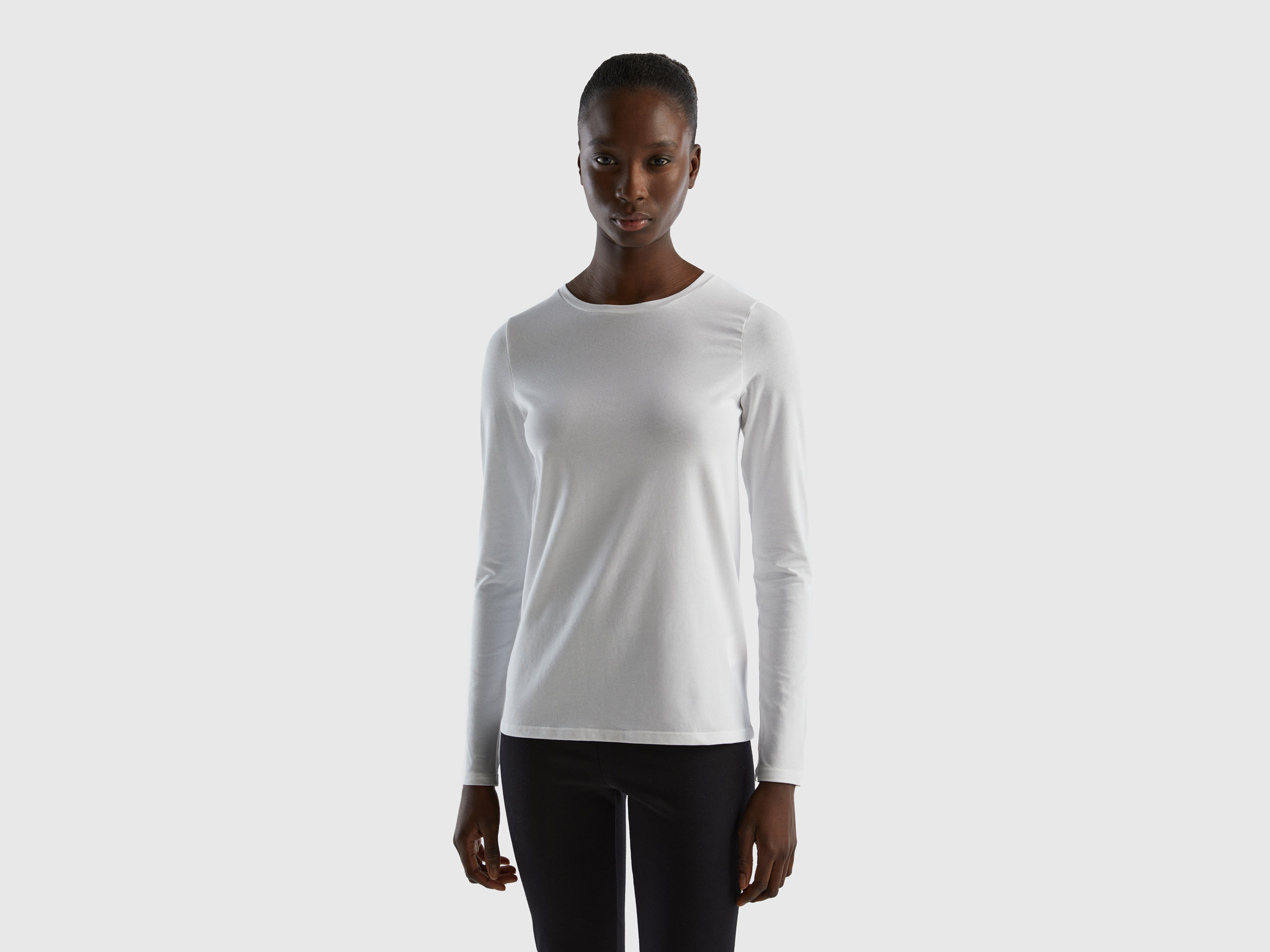 Benetton, Long Sleeve Super Stretch T-shirt, size M, White, Women
