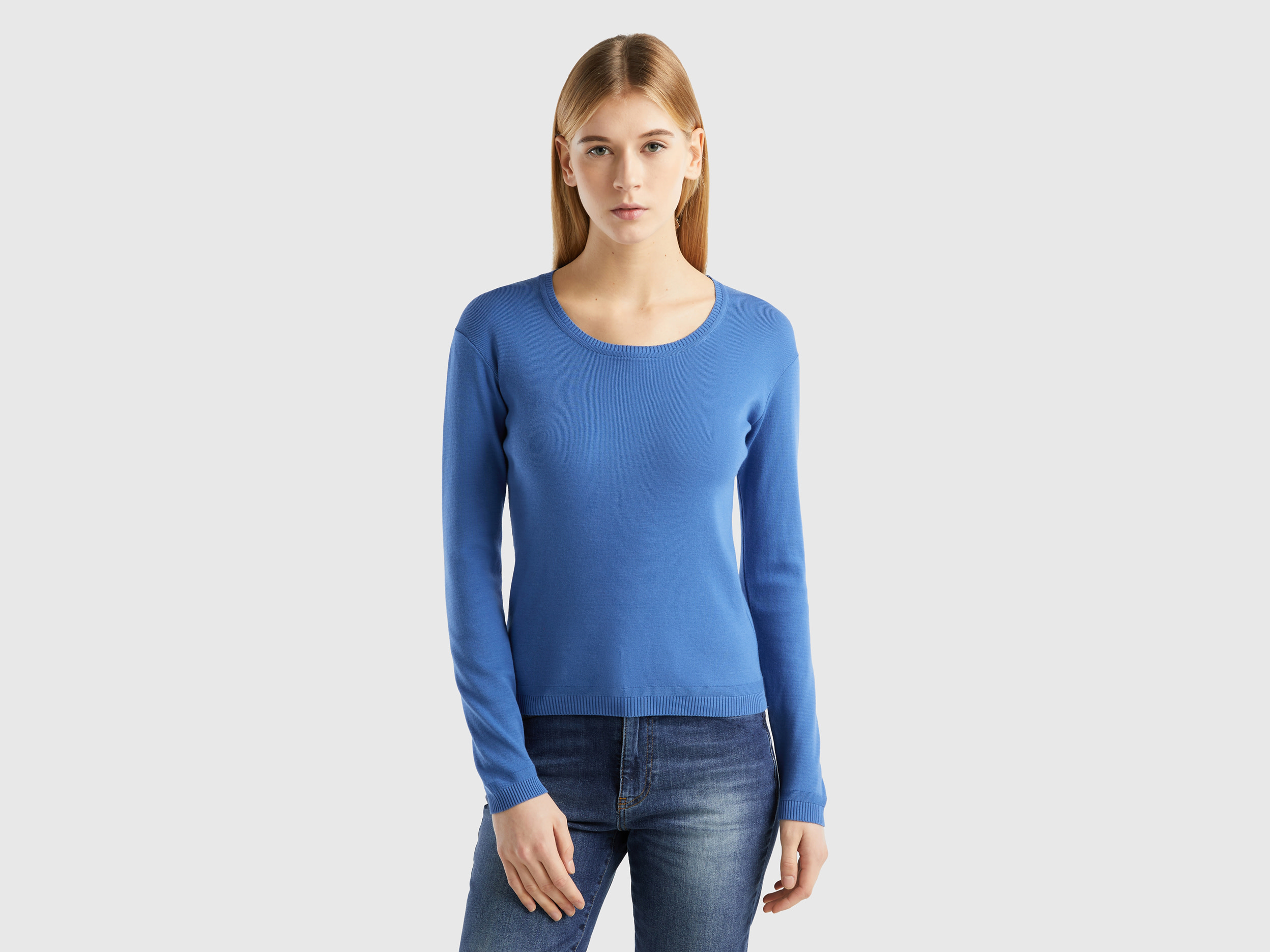 Benetton, Crew Neck Sweater In Pure Cotton, size XL, Blue, Women
