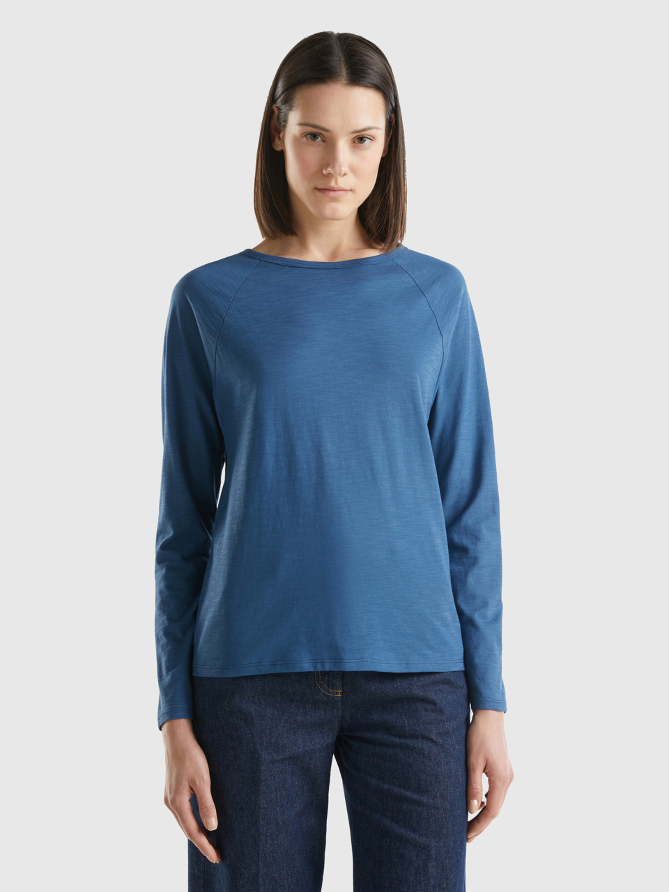 Benetton, Long Sleeve T-shirt In Light Cotton, Air Force Blue, Women
