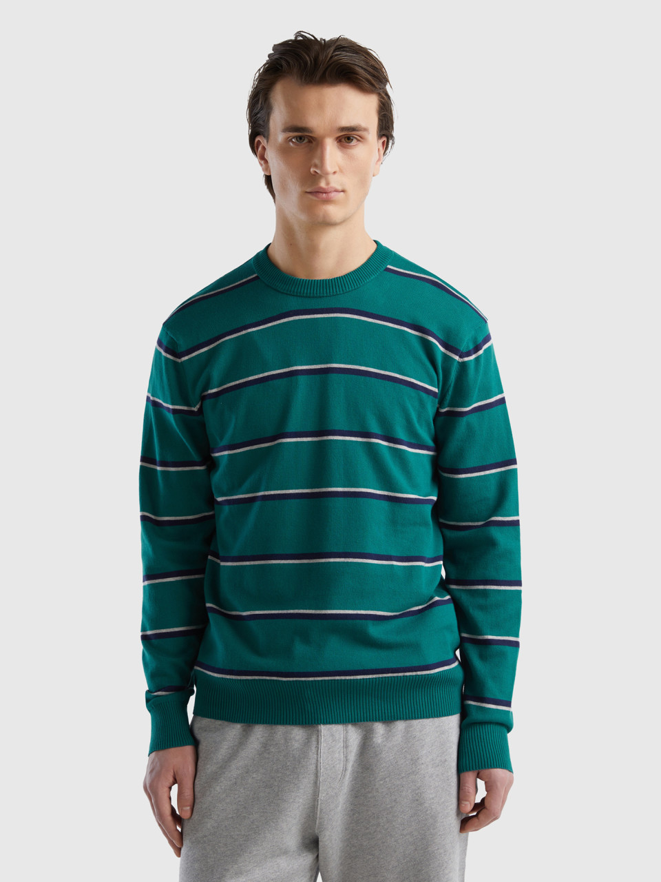 Benetton, Striped 100% Cotton Sweater, Dark Green, Men