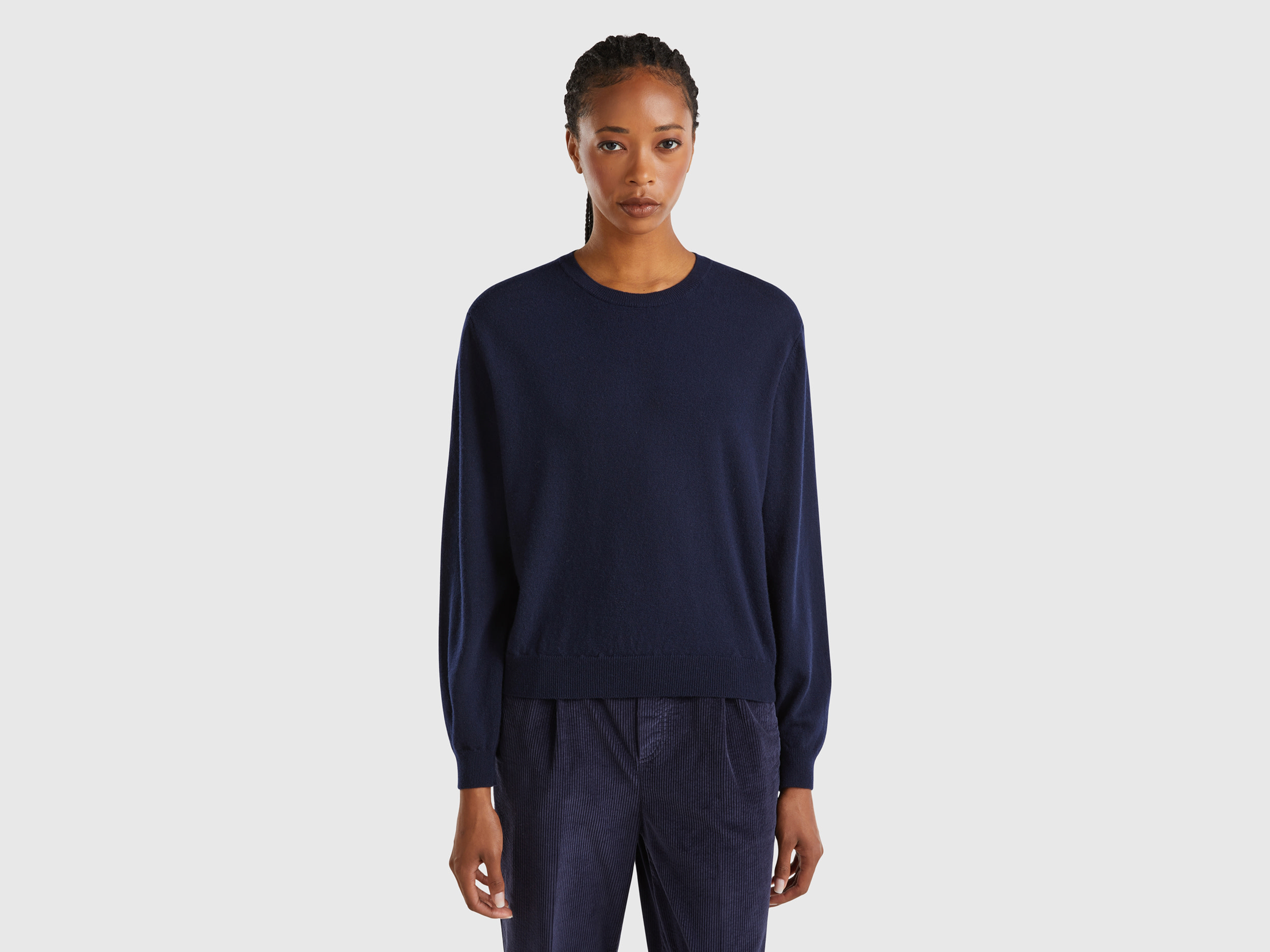 Benetton, Maglia Relaxed Fit In Pura Lana Merino, Blu Scuro, Donna