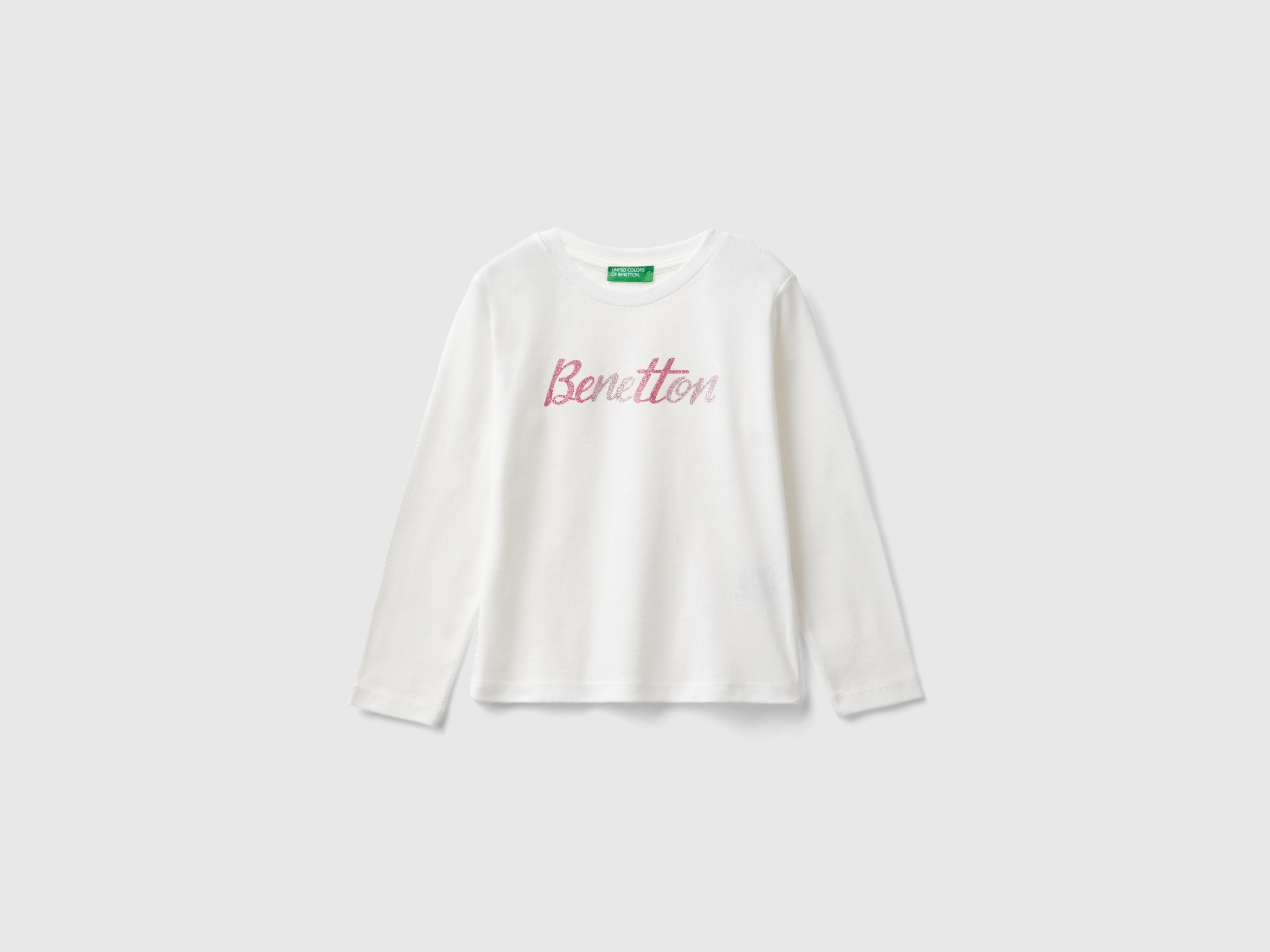Benetton, T-shirt Con Stampa Glitter In Cotone Bio, Bianco, Bambini